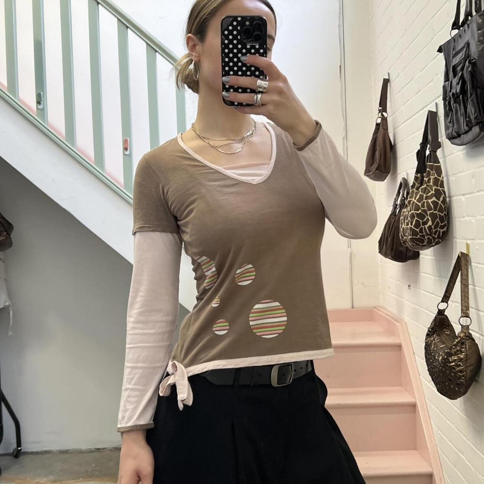 brown and cream polka dot geo print vintage long sleeve layered top