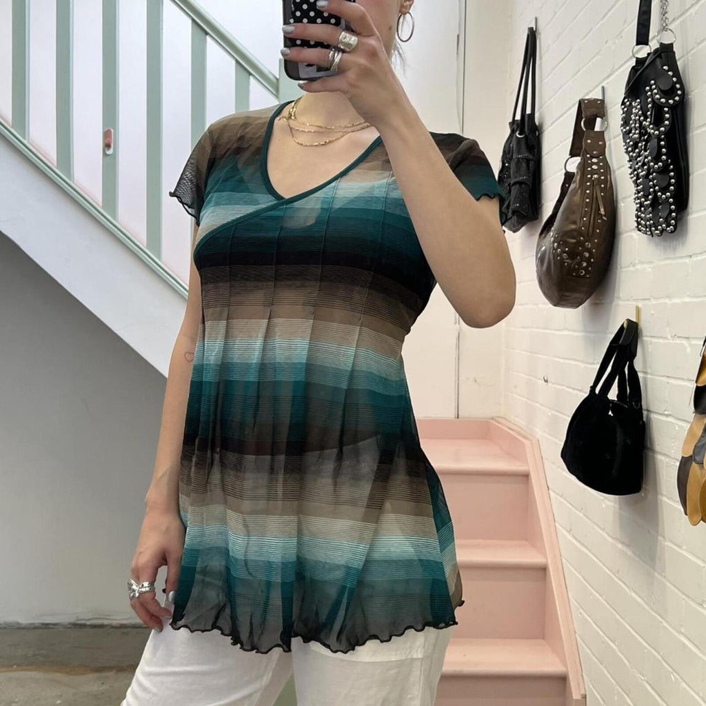 black white and teal striped mesh longline top with tie waist