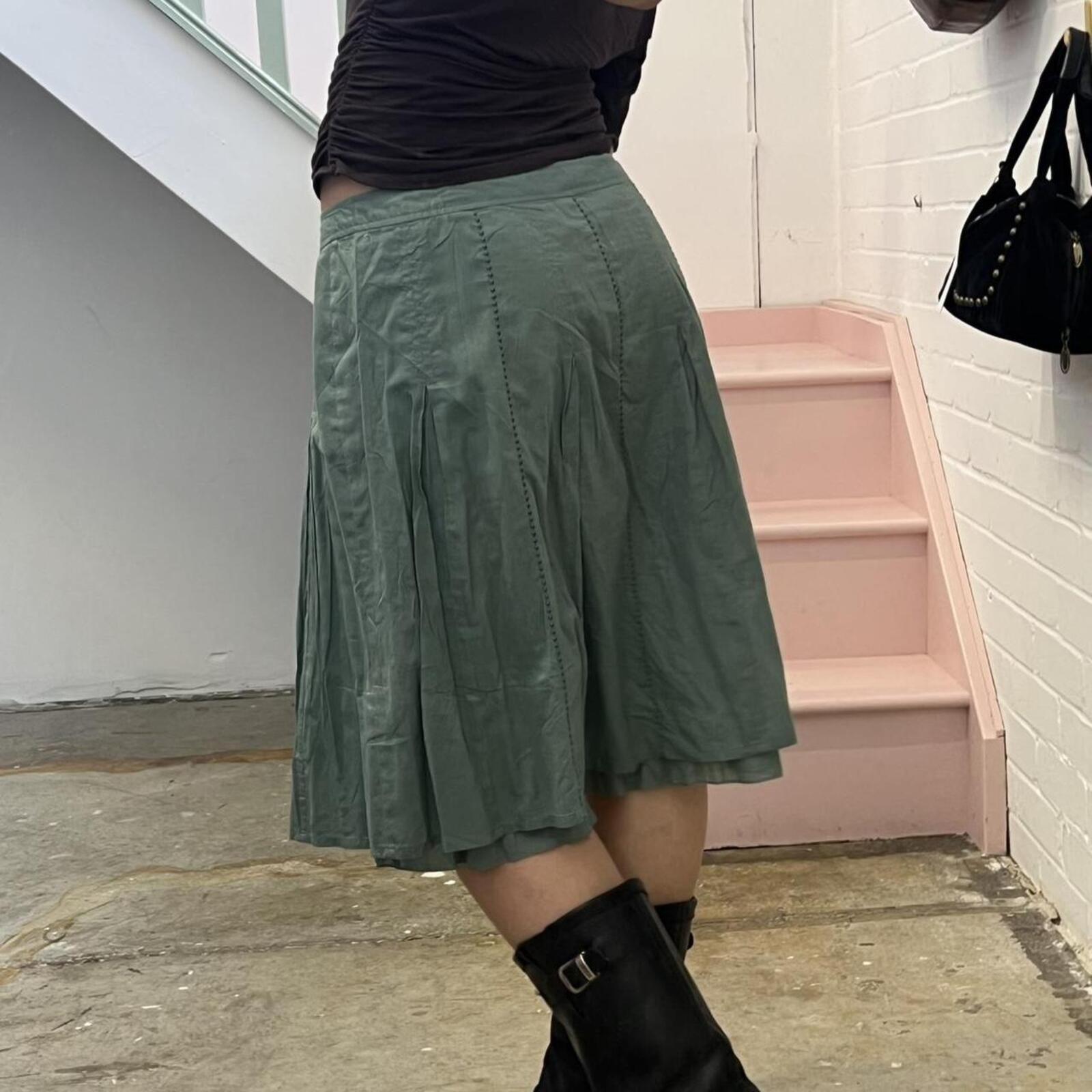 green teal pleated vintage cotton pleated midi skirt