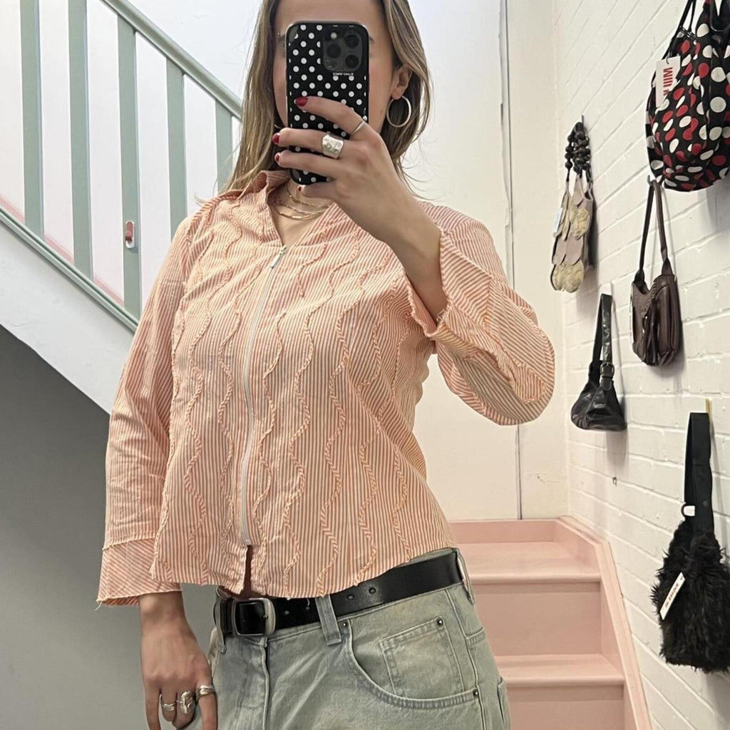 Orange and white pinstripe zip up fitted vintage shirt