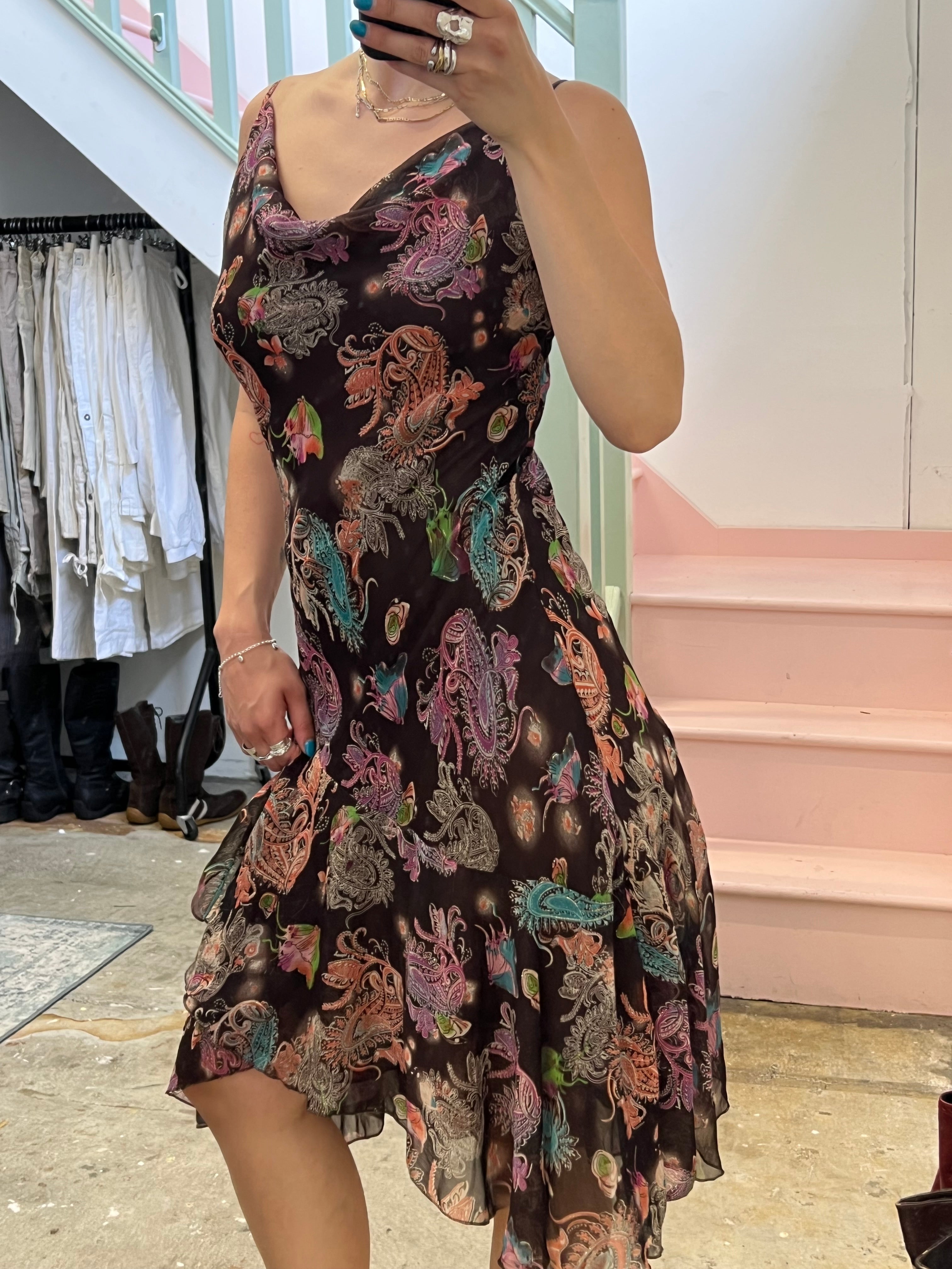 Brown paisley cowl neck asymmetrical slip dress