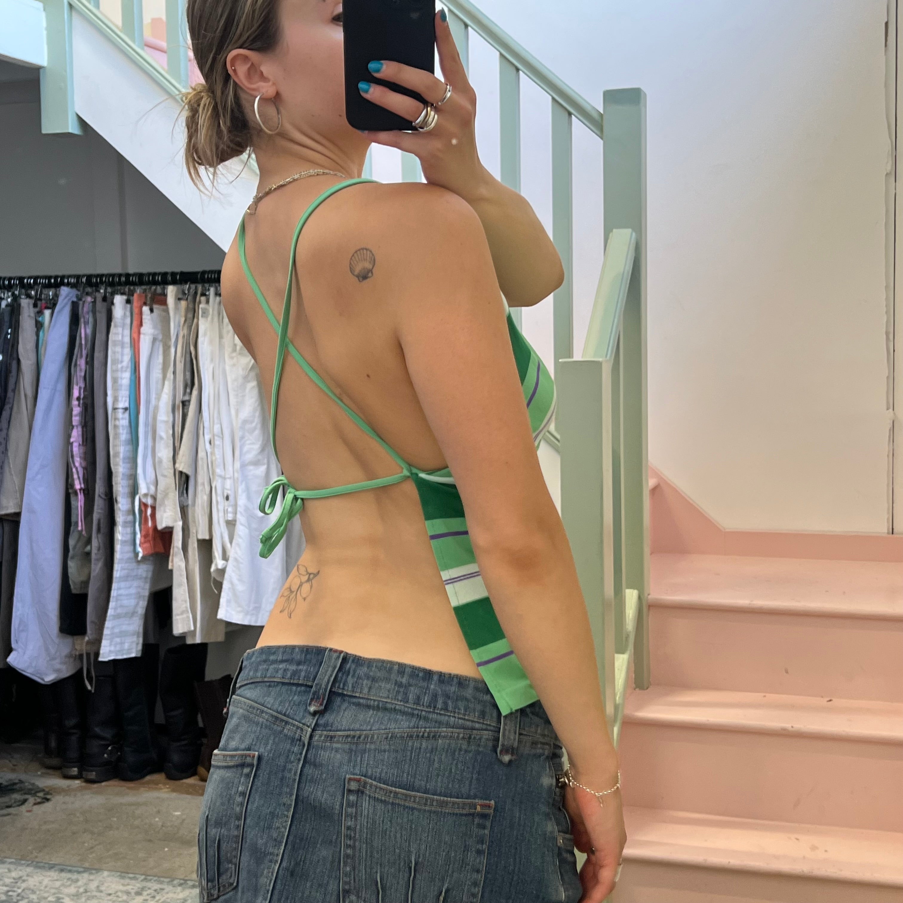 Benetton green stripe backless halter vest