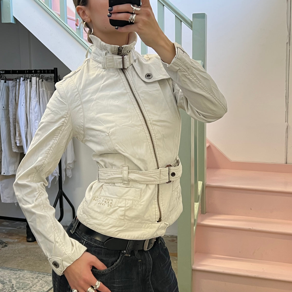 White fitted lightweight biker jacket