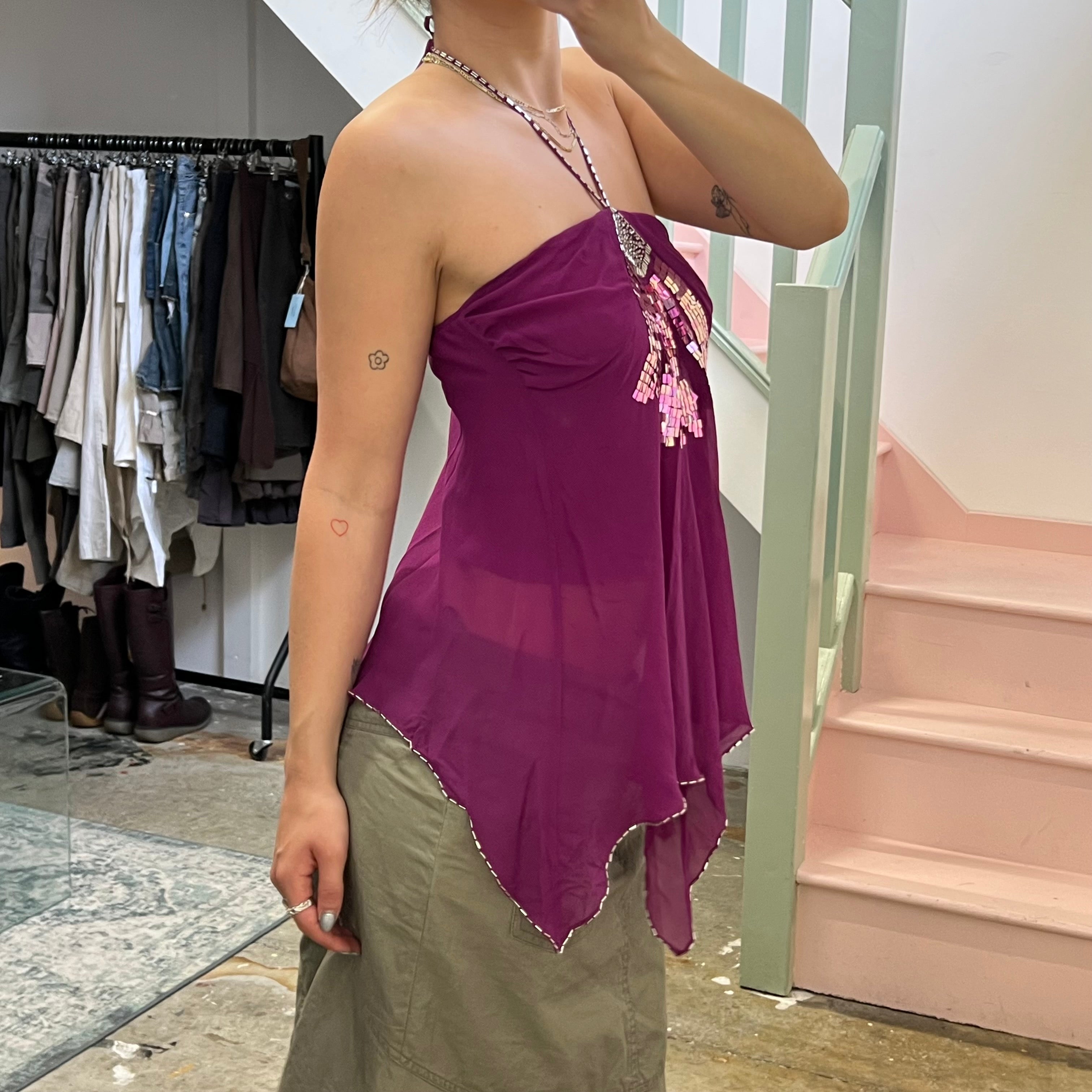 Fuchsia halterneck asymmetrical beaded floaty blouse