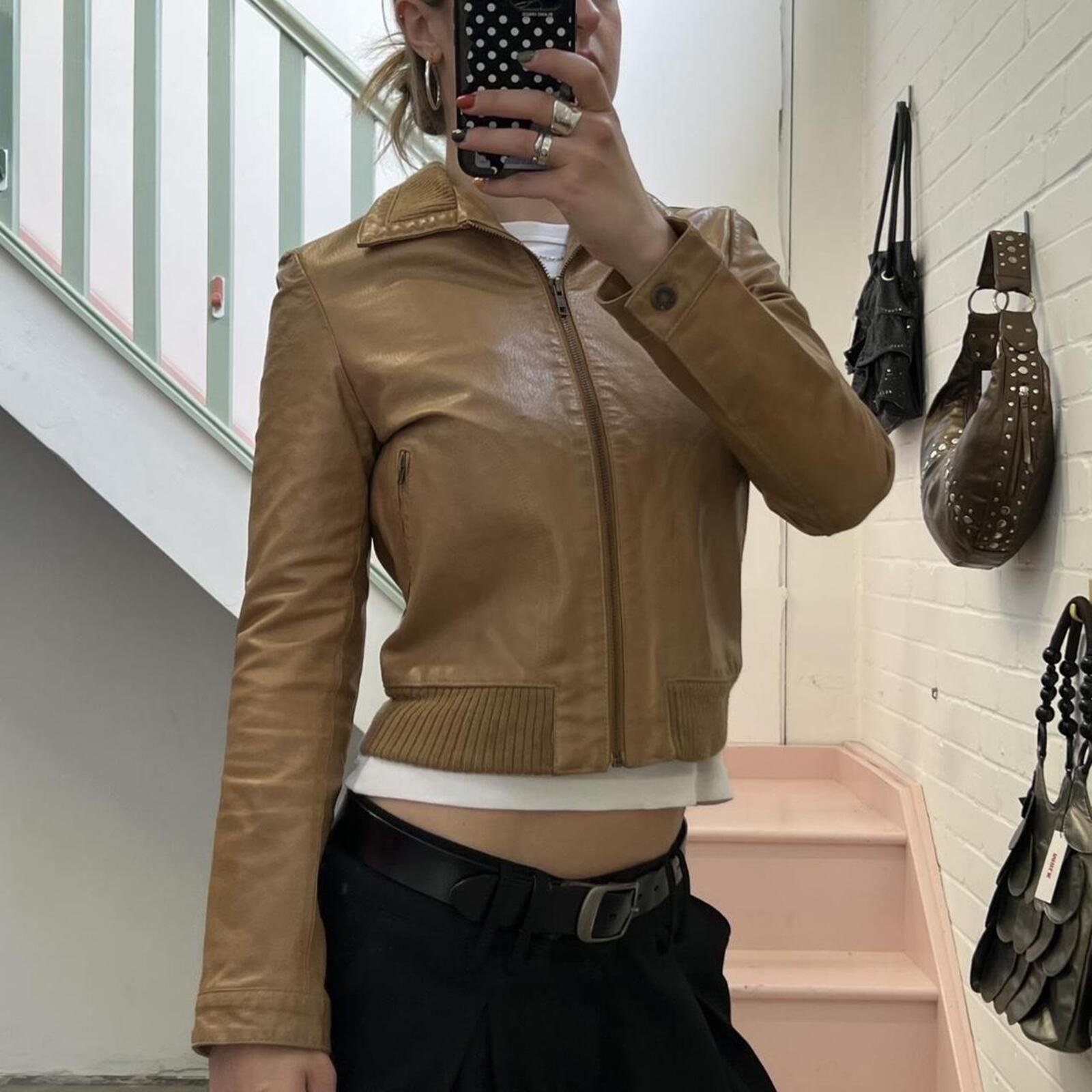 Tan brown real leather zip up fitted bomber jacket