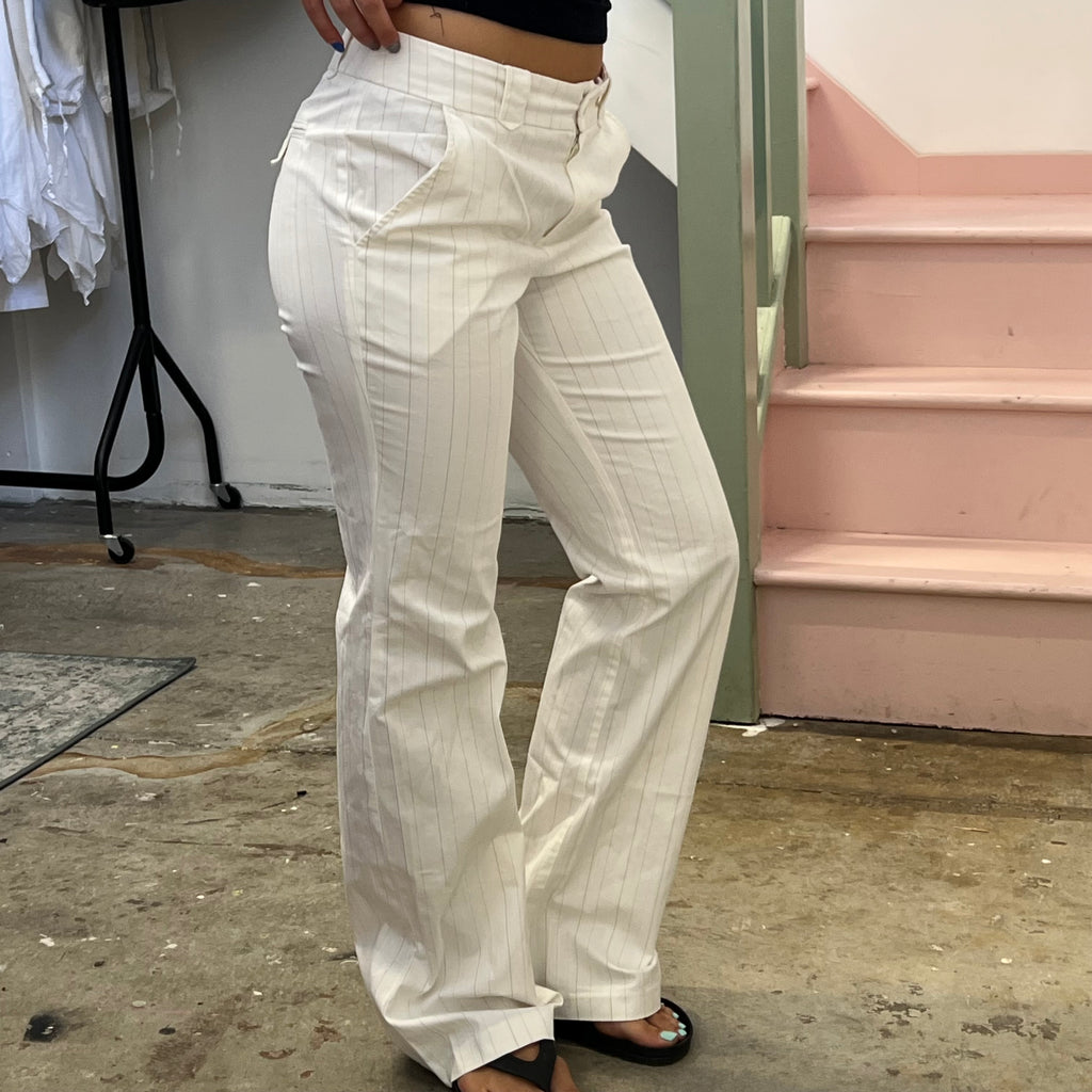 White pinstripe tailored wide leg trousers