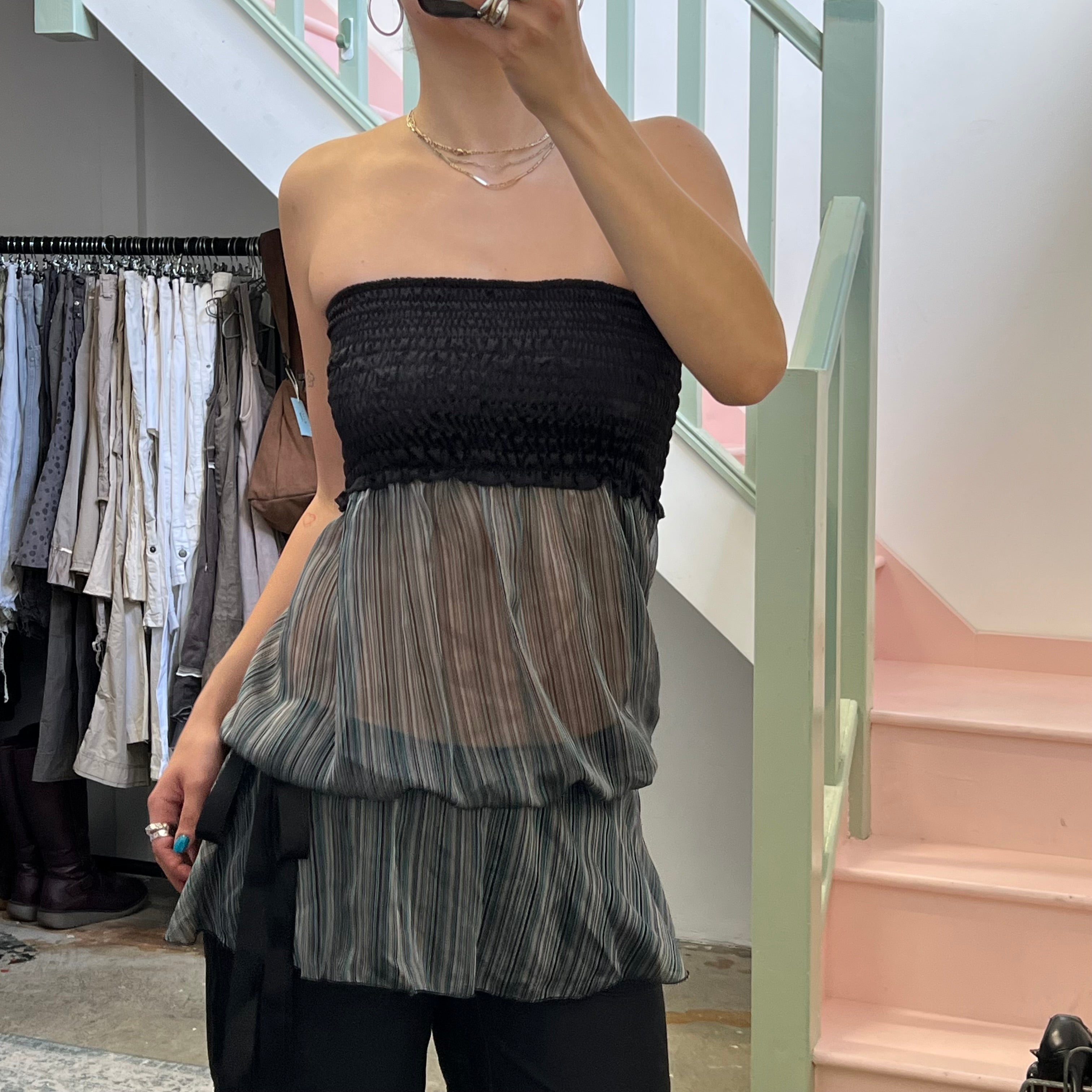 Sheer stripey drop waist strapless top