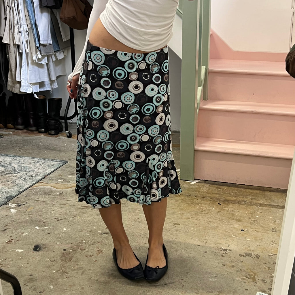 Blue spiral polka dot midi skirt