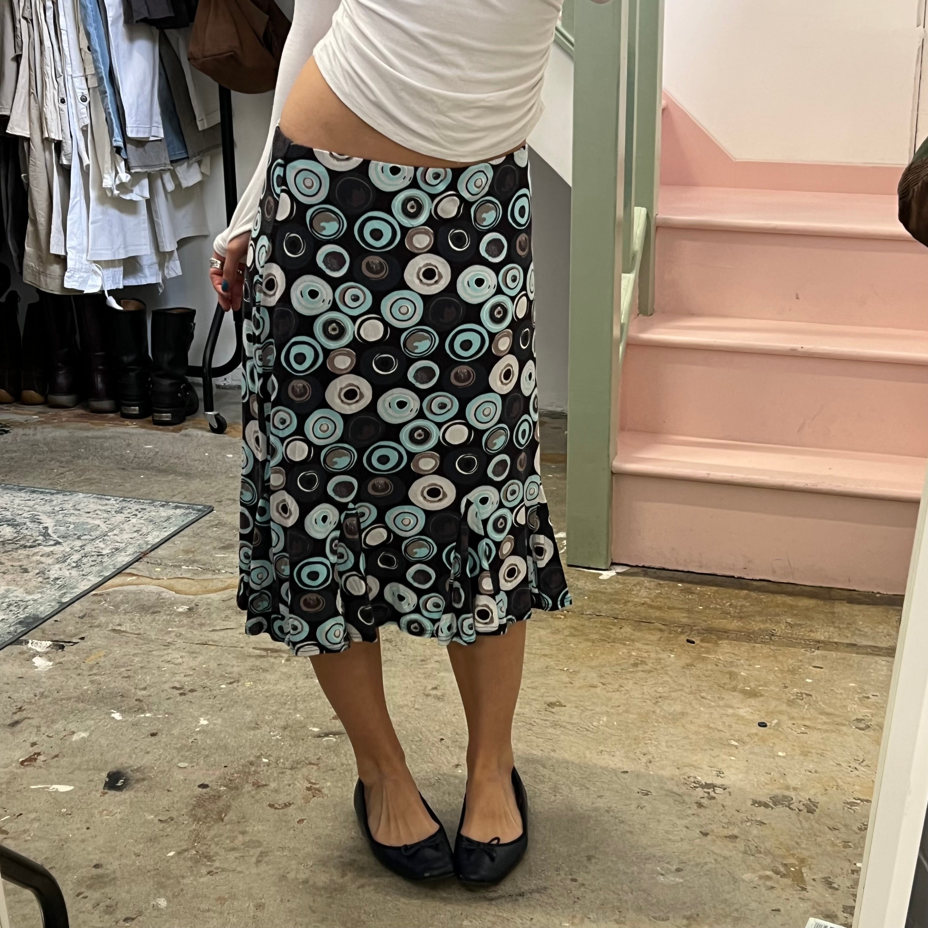 Blue spiral polka dot midi skirt