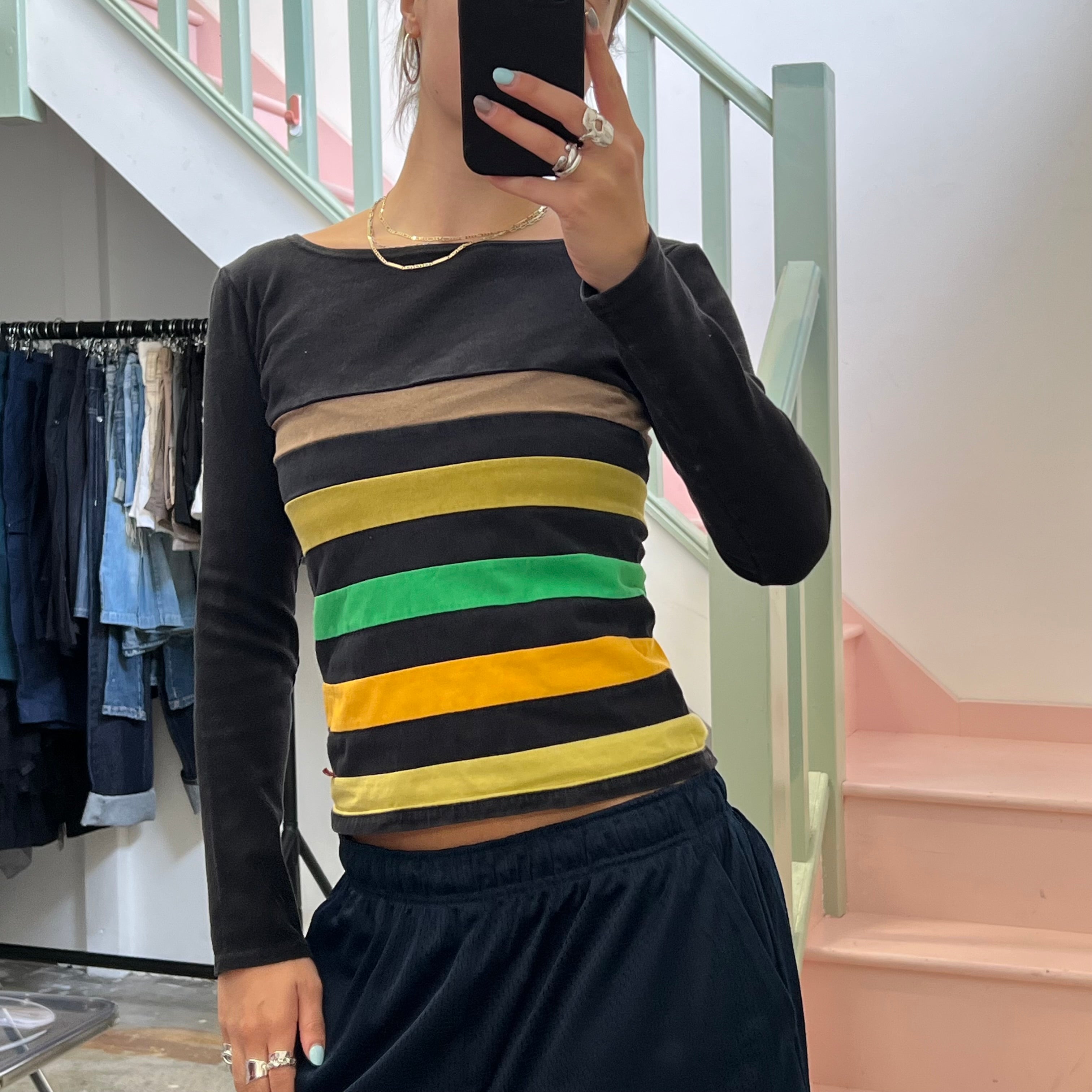 Black and green striped long sleeve top