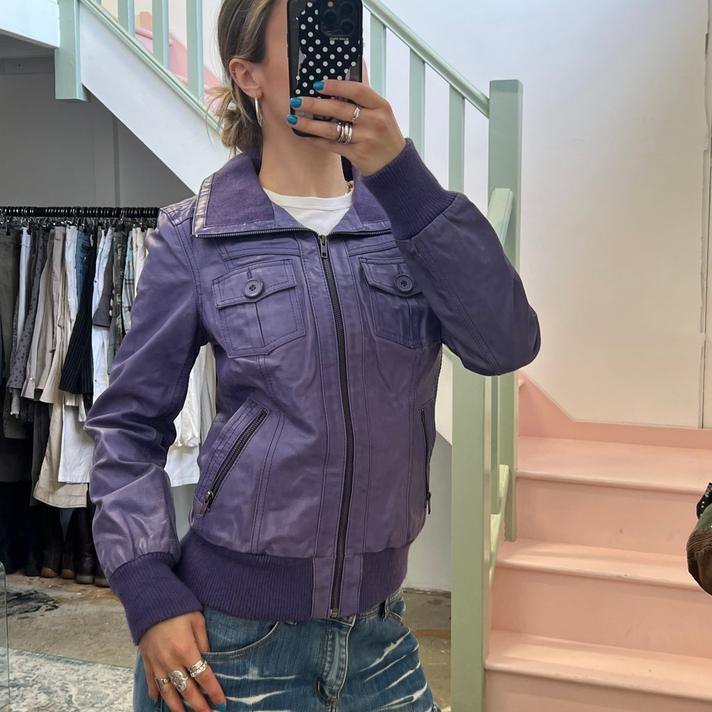 Purple leather zip up bomber jacket