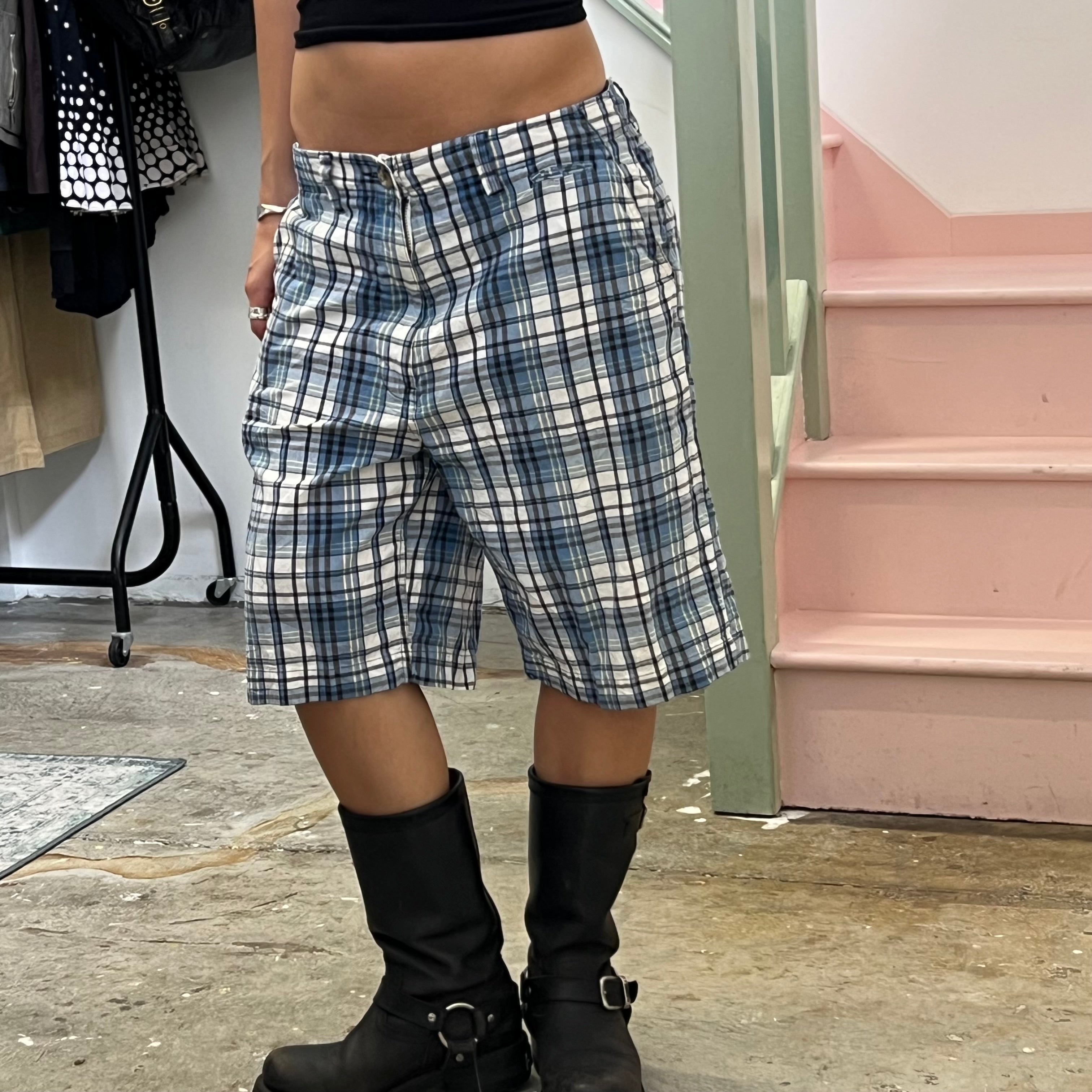 Blue and white checkered baggy shorts