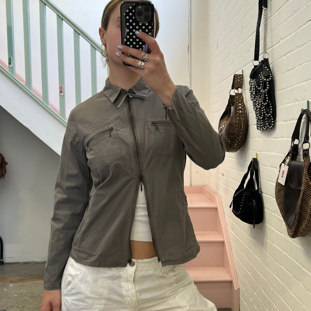 Khaki fitted lightweight zip up jacket