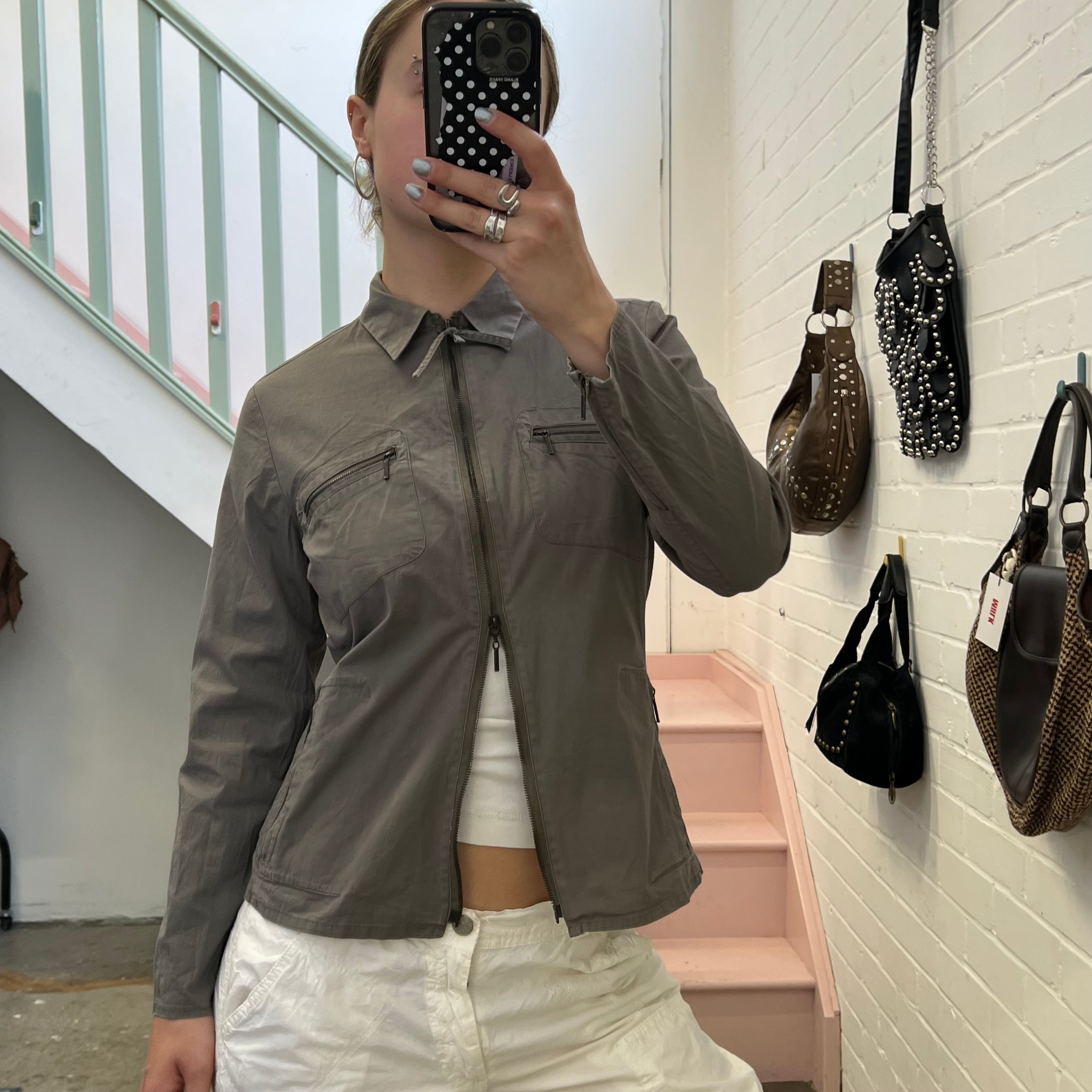 Khaki fitted lightweight zip up jacket
