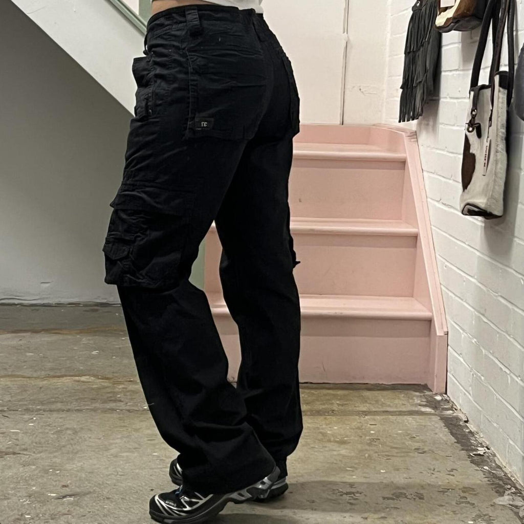 Black wide leg low rise vintage cargo trousers with tie waist