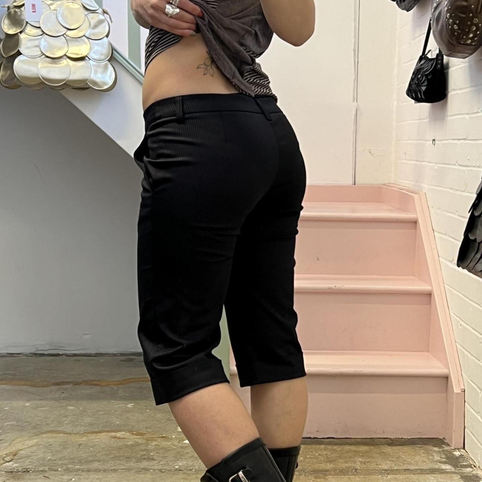 Black satin pinstripe tailored fitted low rise shorts