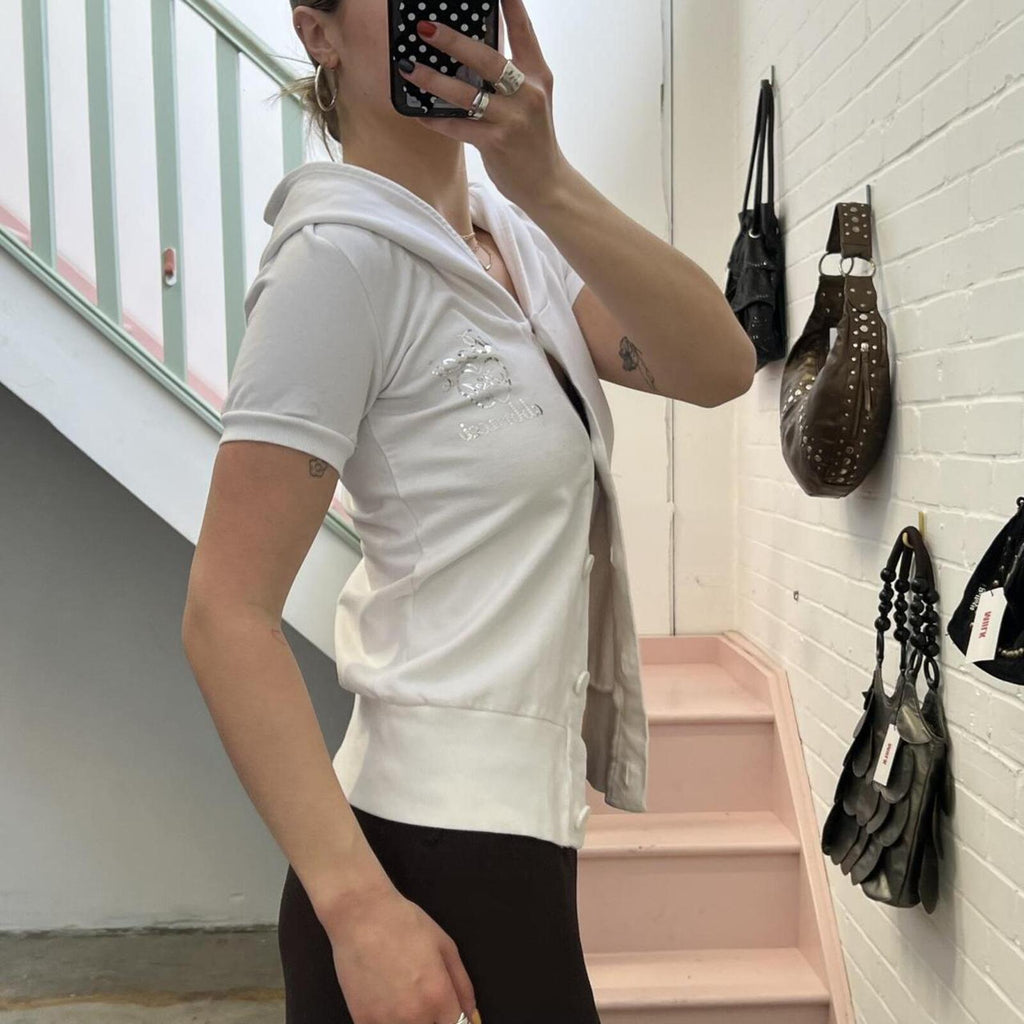 White vintage short sleeve button up hoodie