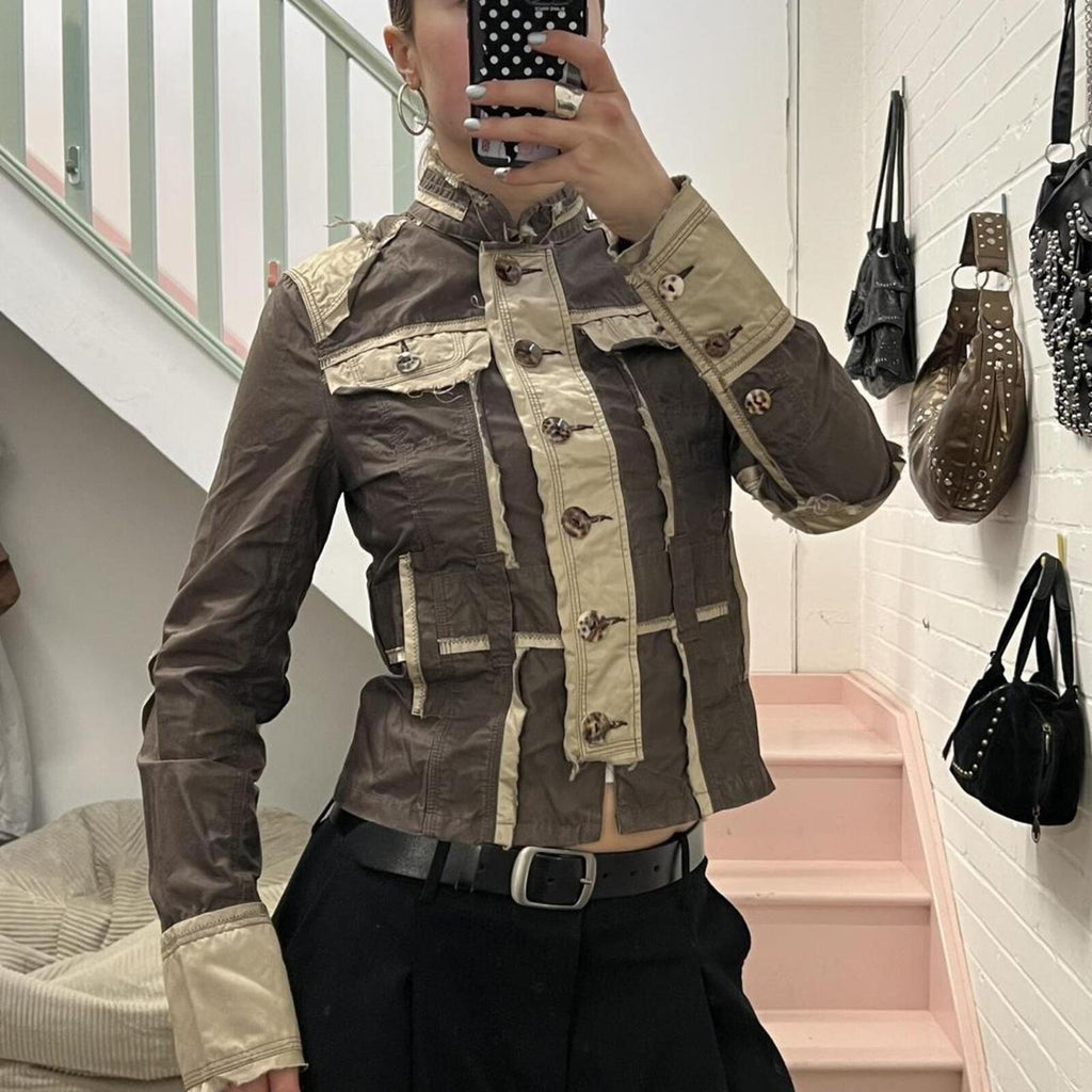Guess brown and cream utility style button up vintage distressed archival lightweight jacket