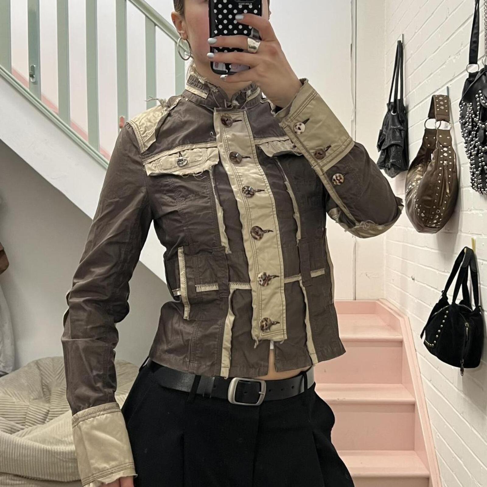 Guess brown and cream utility style button up vintage distressed archival lightweight jacket