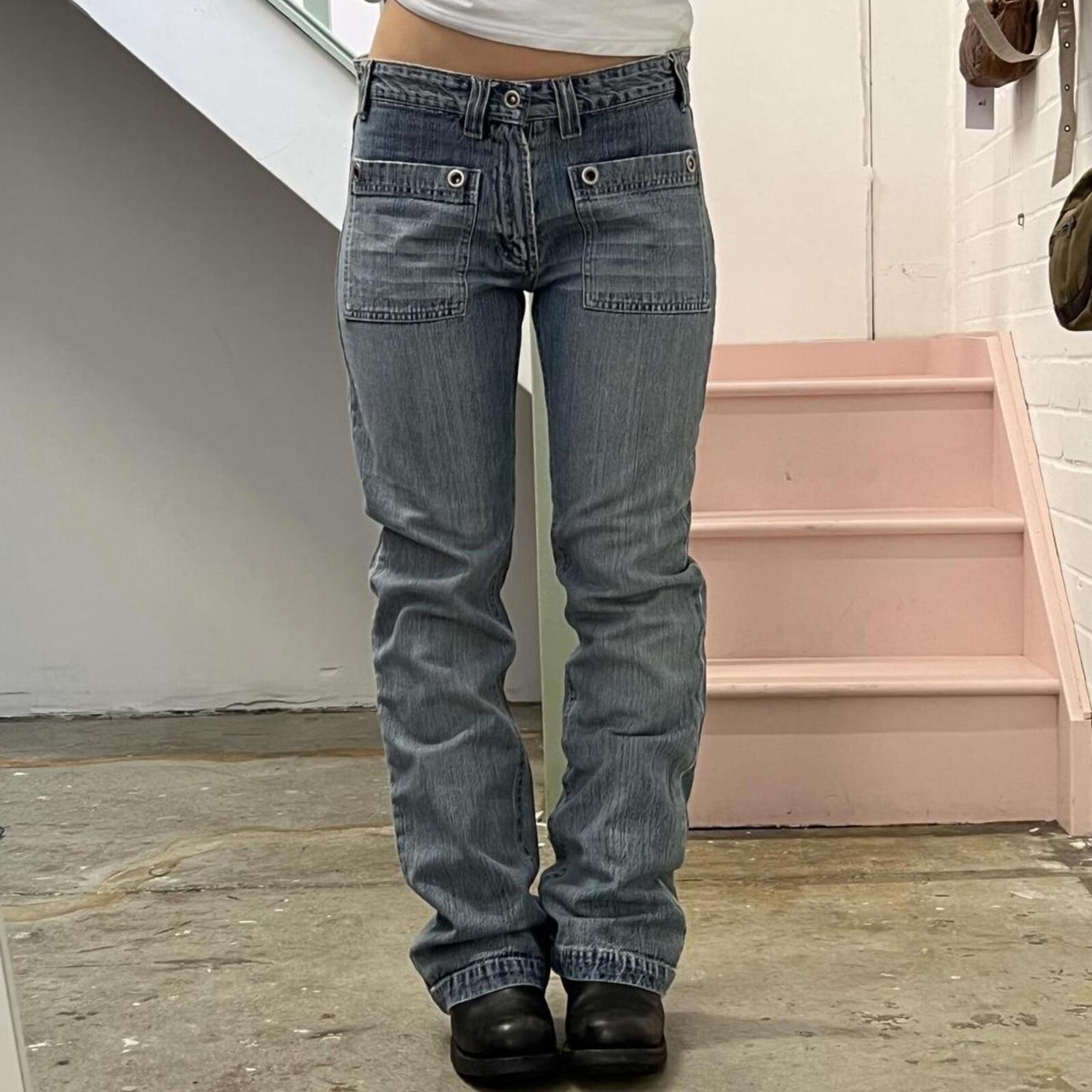 River Island light wash mid rise straight leg vintage jeans with silver studs