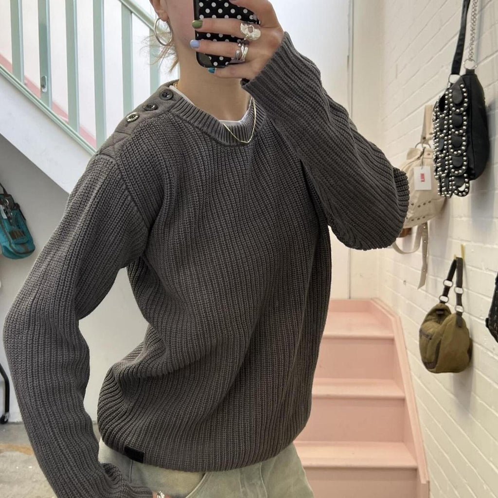 G-Star Raw utility style grey chunky knit crew neck vintage sweater with button detail
