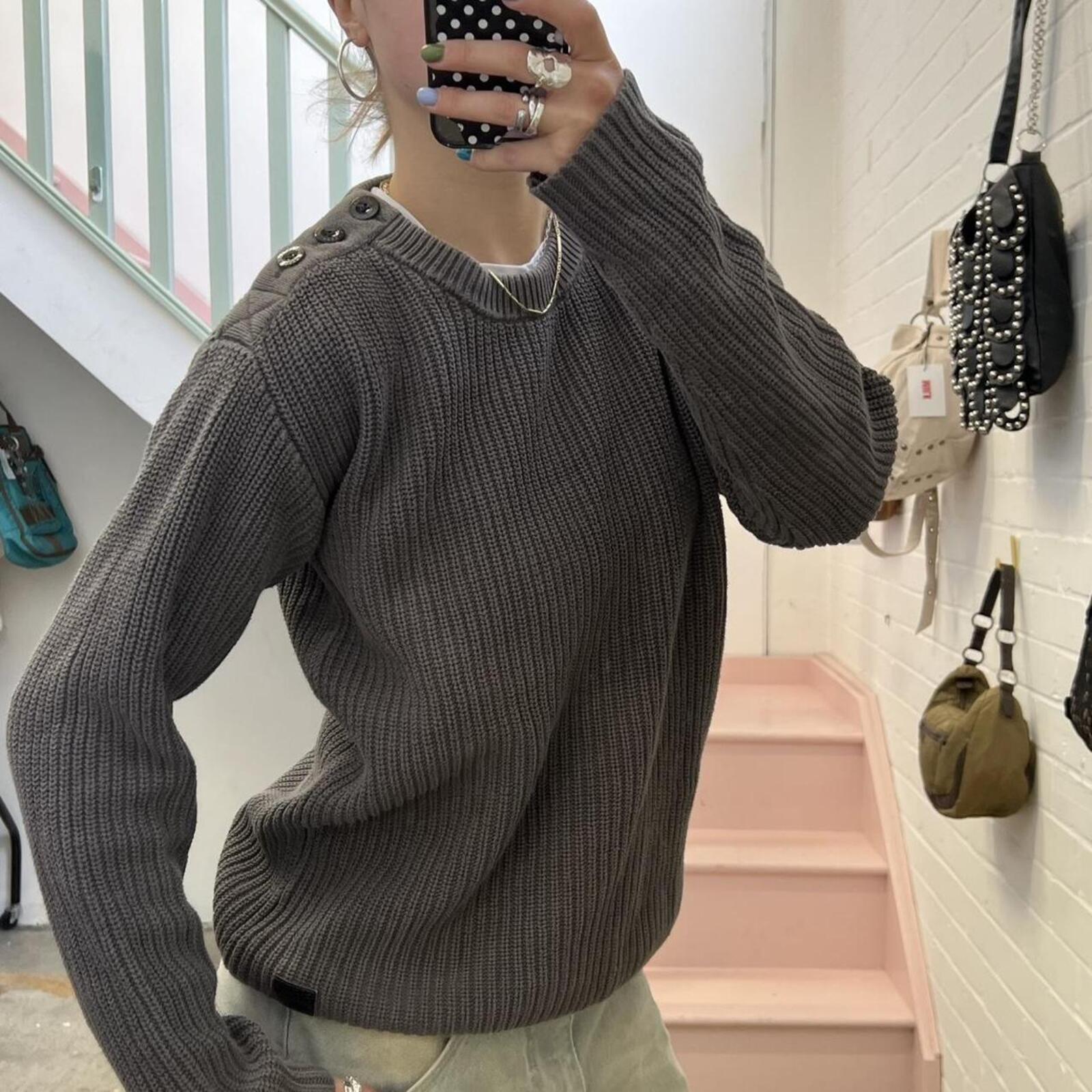 G-Star Raw utility style grey chunky knit crew neck vintage sweater with button detail