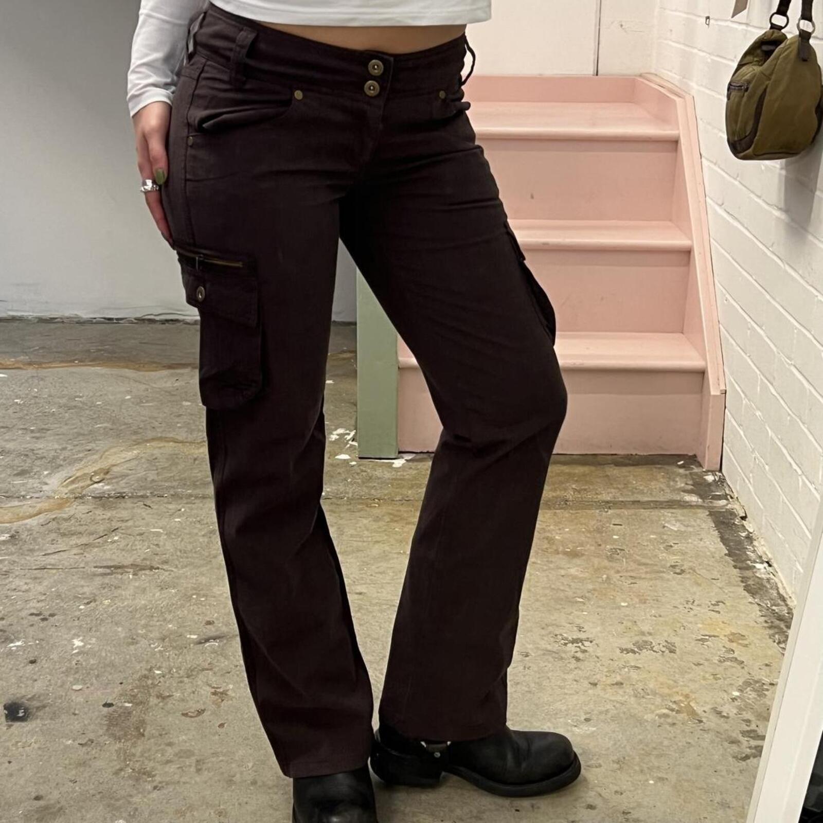 Brown checkered low rise straight leg tailored vintage embroidered trousers
