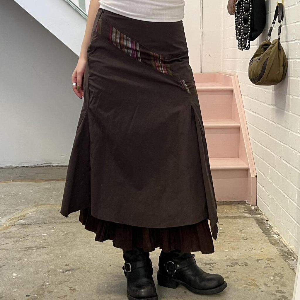 Promod brown layered cargo vintage maxi skirt with stripe patchwork detail