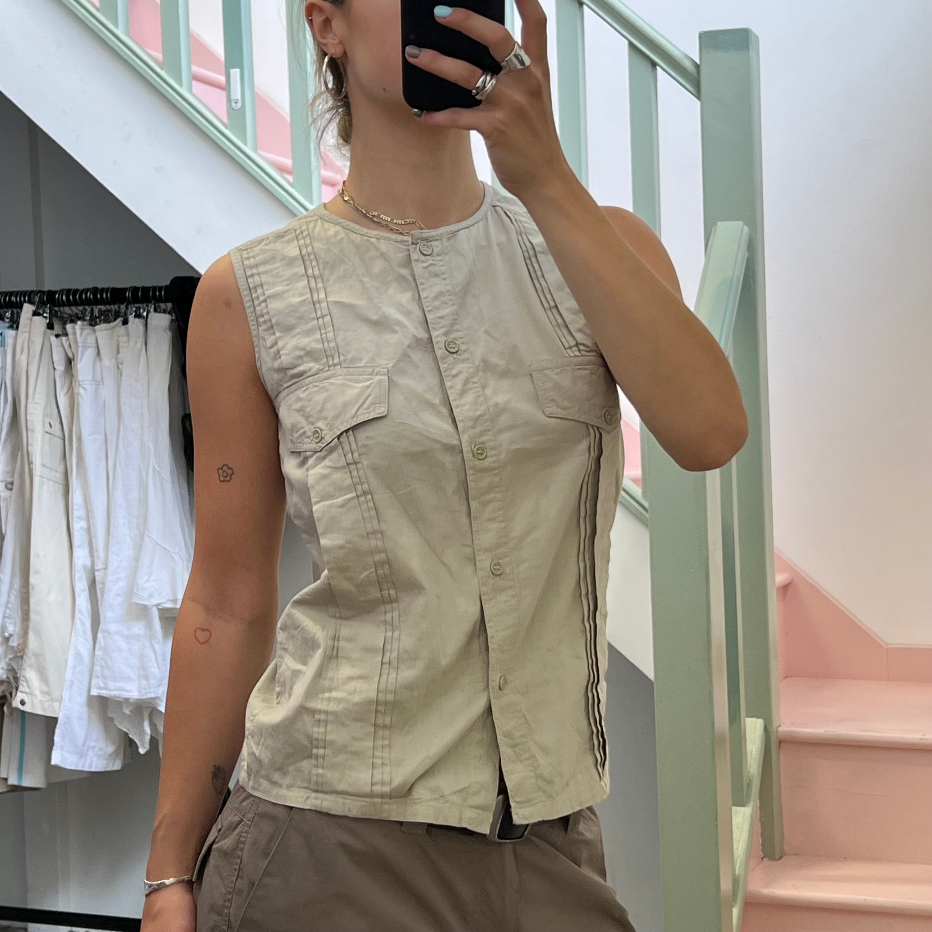 Cream button up utility style shirt