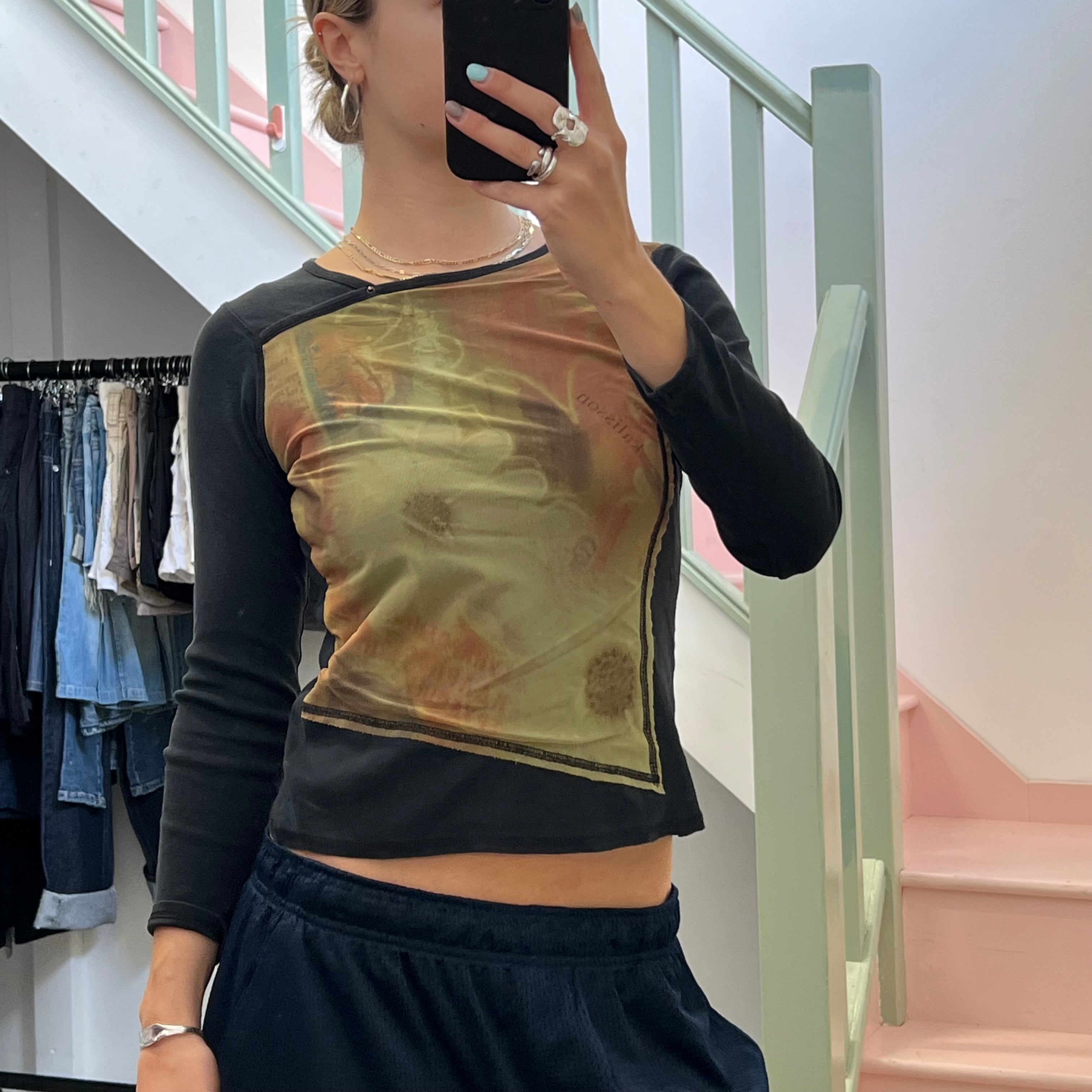 Black and khaki mesh panel top