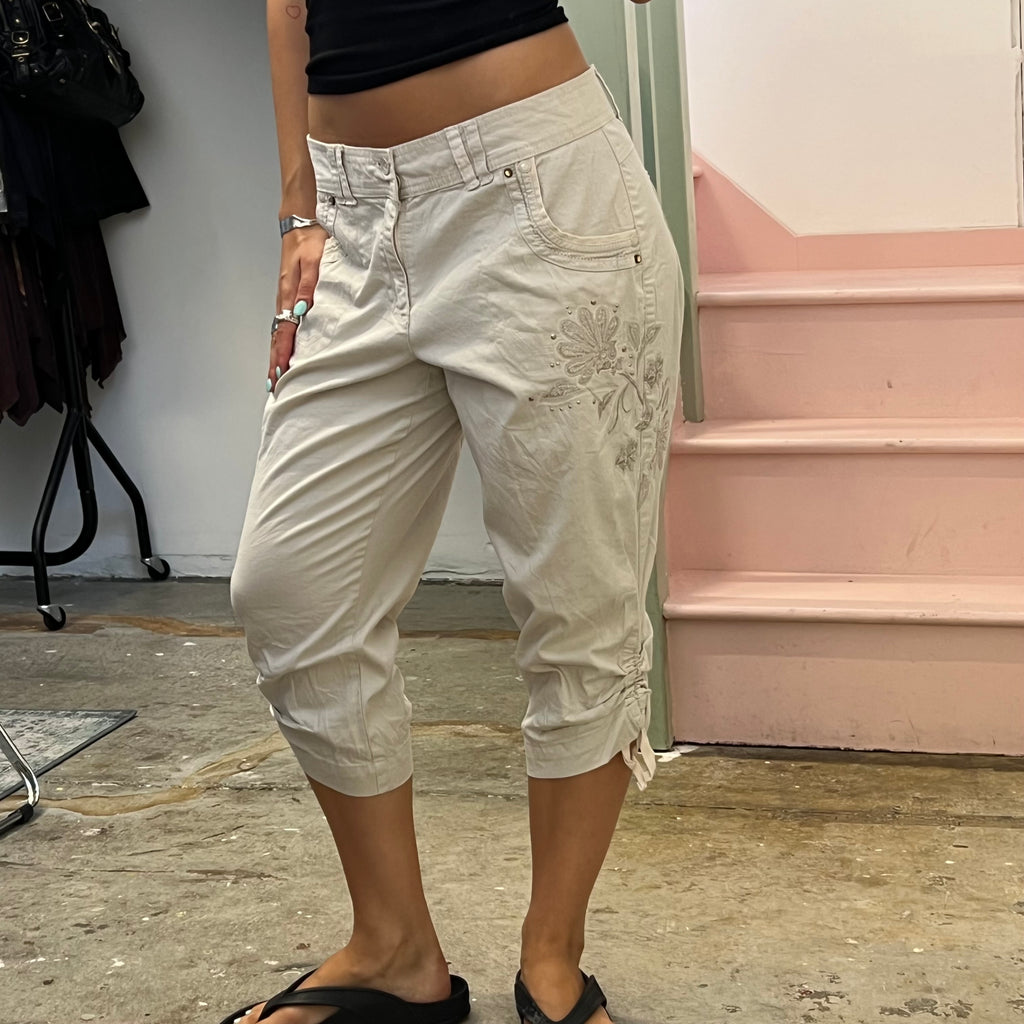 Cream embroidered ruched cargo capris