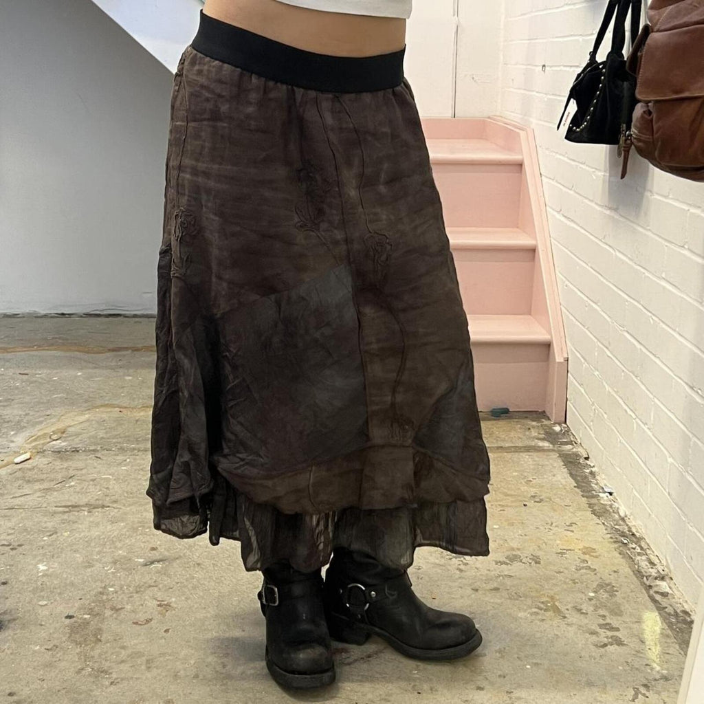 brown and grey tie dye layered floaty vintage maxi skirt