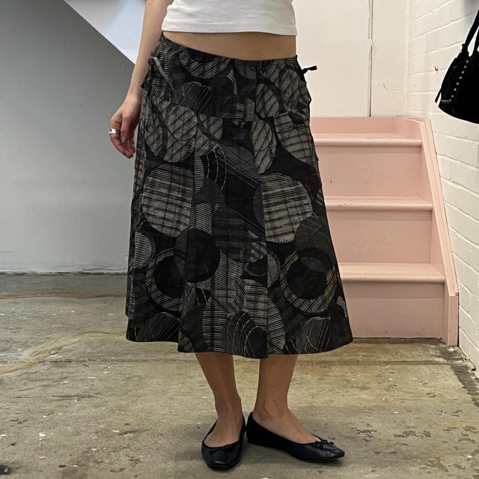 Brown and grey polka dot geo print floaty utility style vintage midi skirt