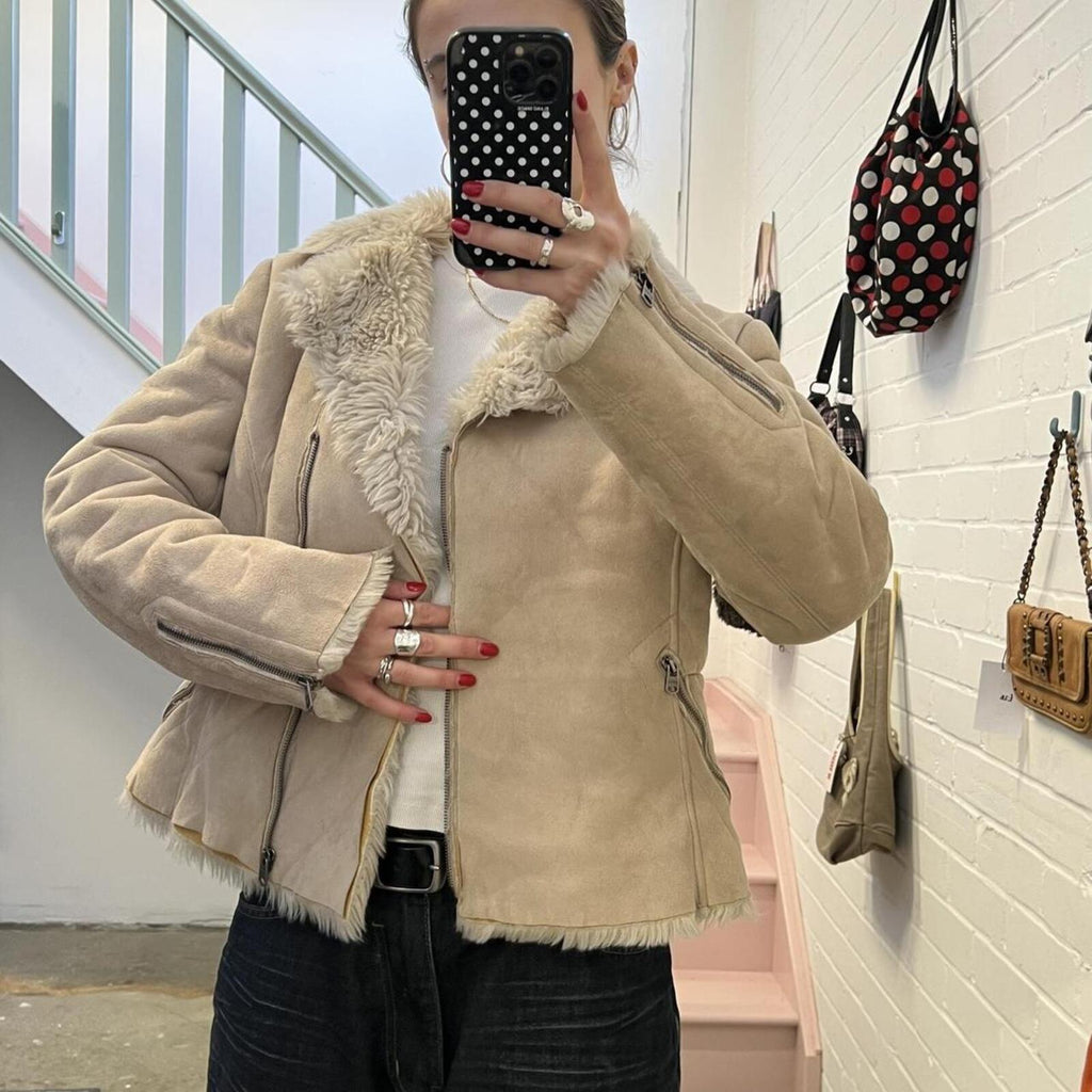 Esprit cream faux suede faux fur lined zip up fitted teddy coat