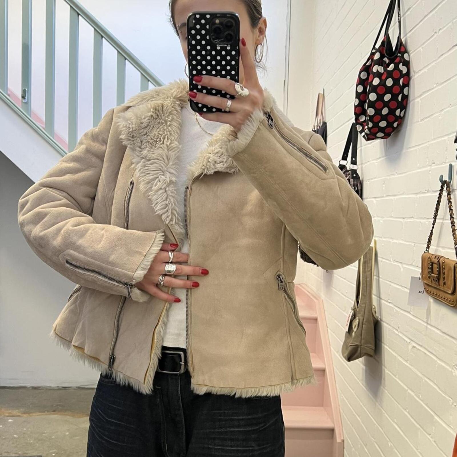 Esprit cream faux suede faux fur lined zip up fitted teddy coat