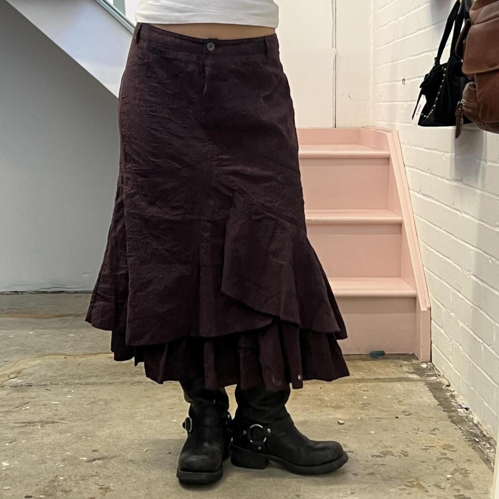brown layered floaty vintage cargo utility style maxi skirt