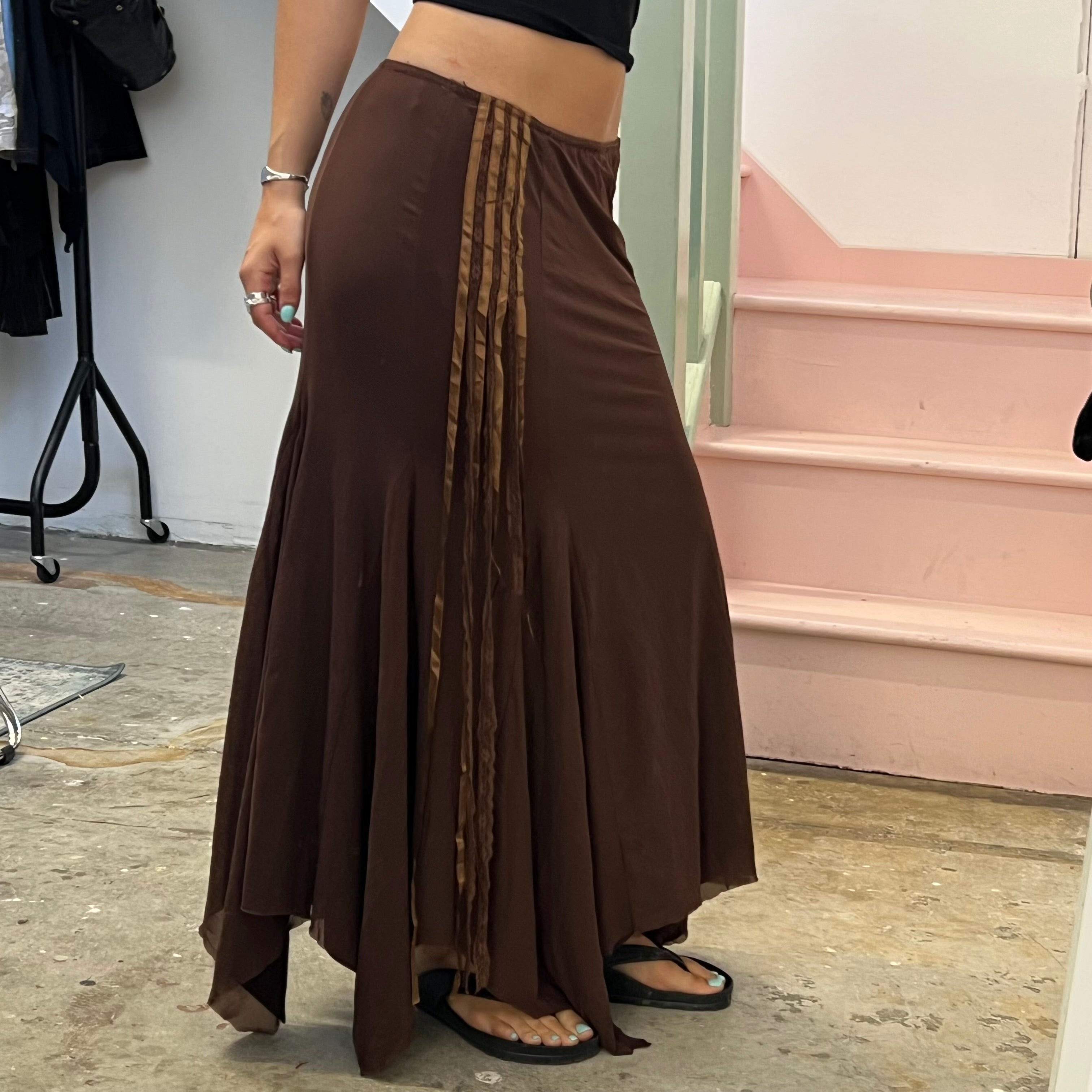 Brown slinky asymmetrical maxi skirt