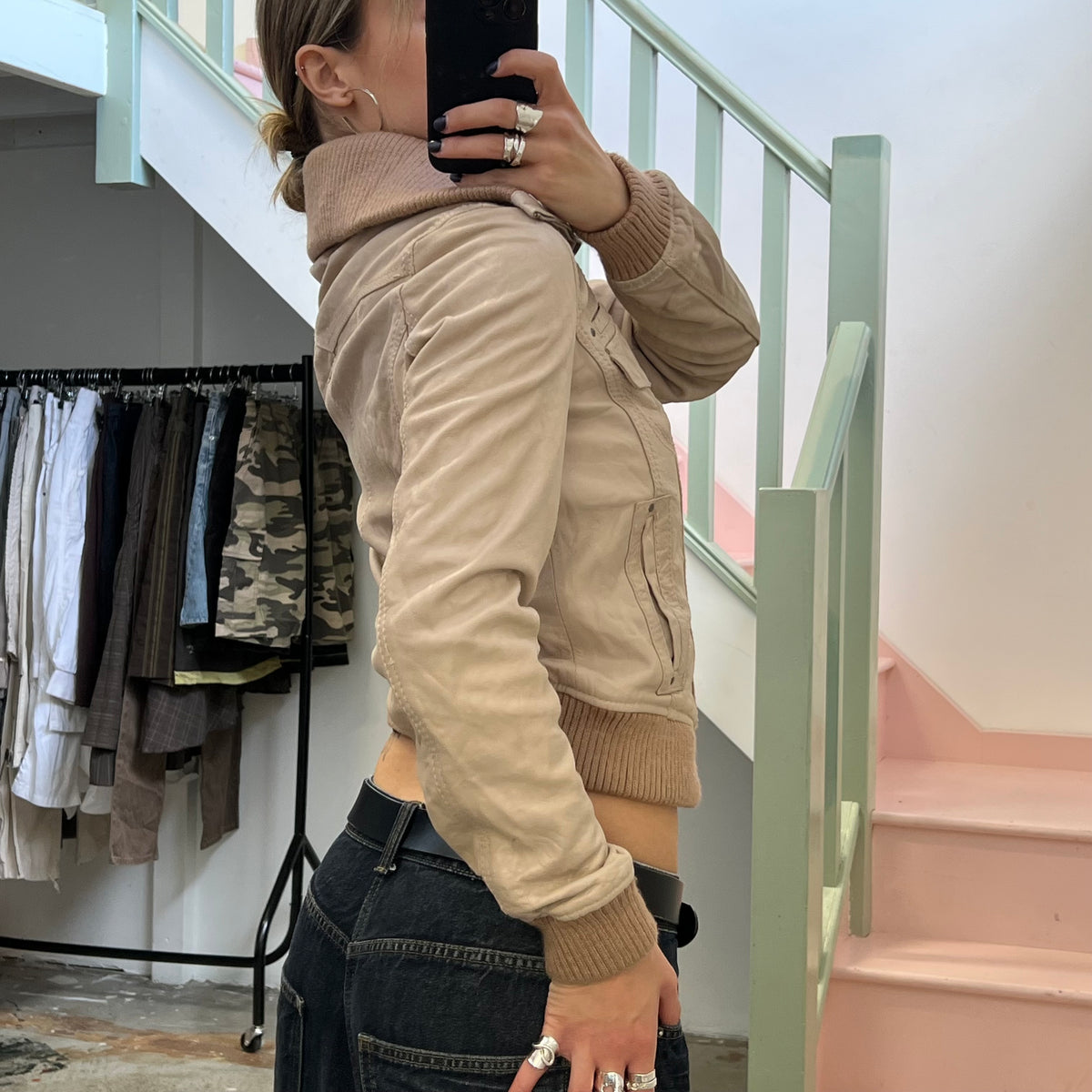 Cream fitted leather bomber jacket