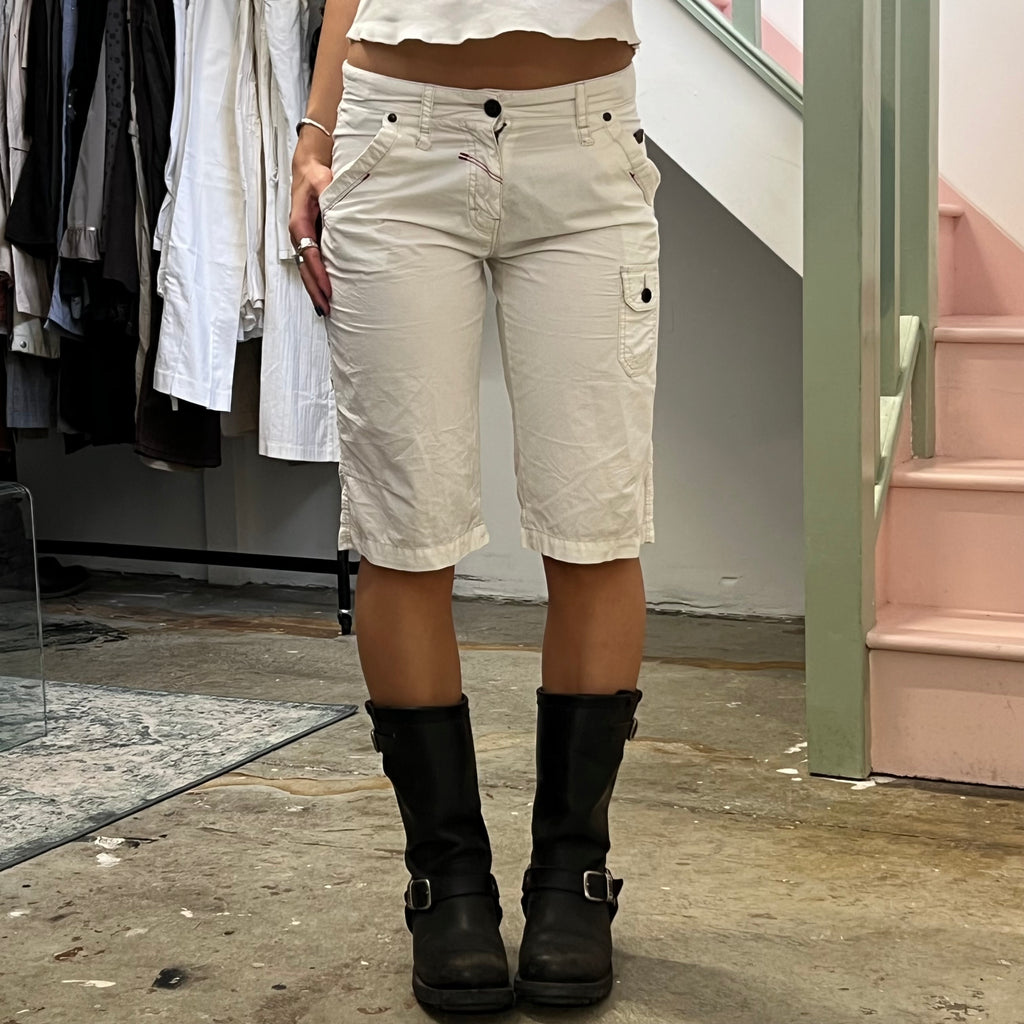 White knee length cargo shorts