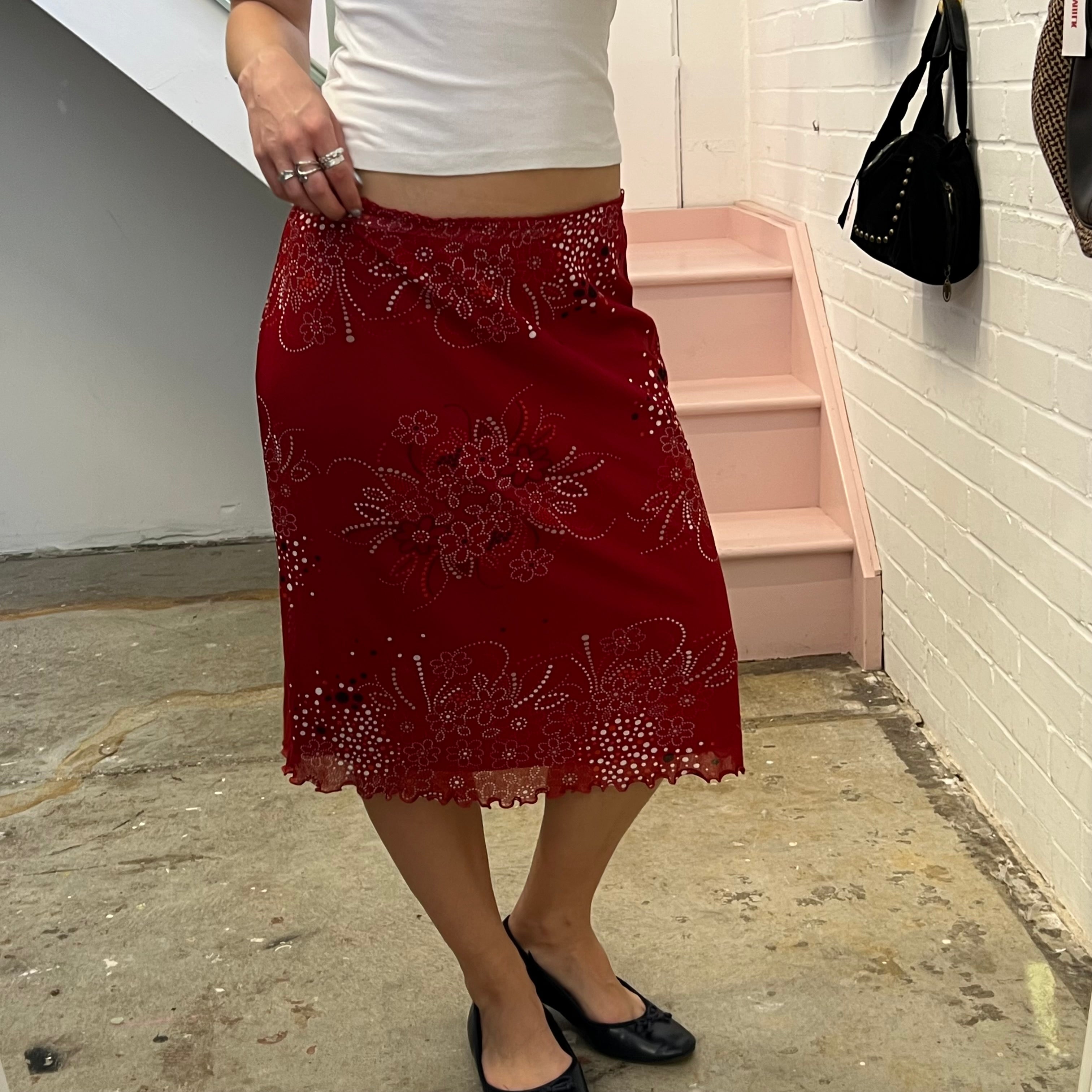 Red floral mesh midi skirt