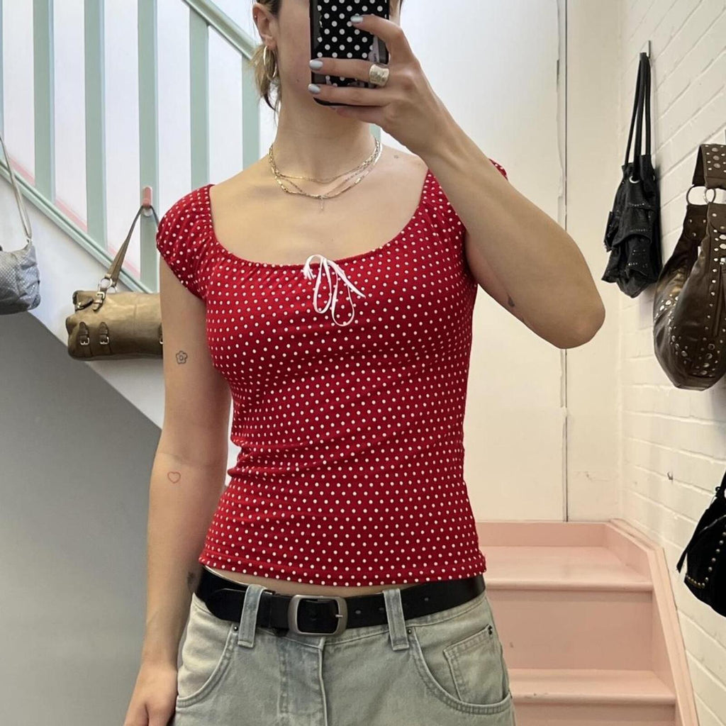 Red and white polka dot scoop neck milkmaid style vintage baby tee