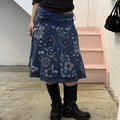 blue and white printed floaty floral layered midi skirt with foldable waist