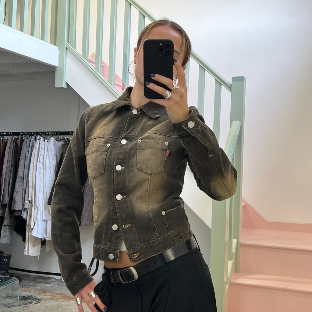Black acid wash button up denim jacket