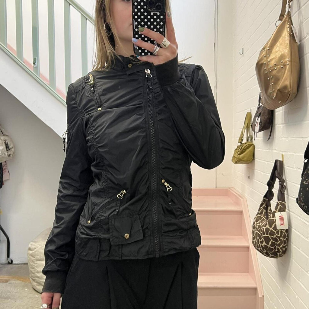 black lightweight ruched windbreaker style fitted vintage jacket