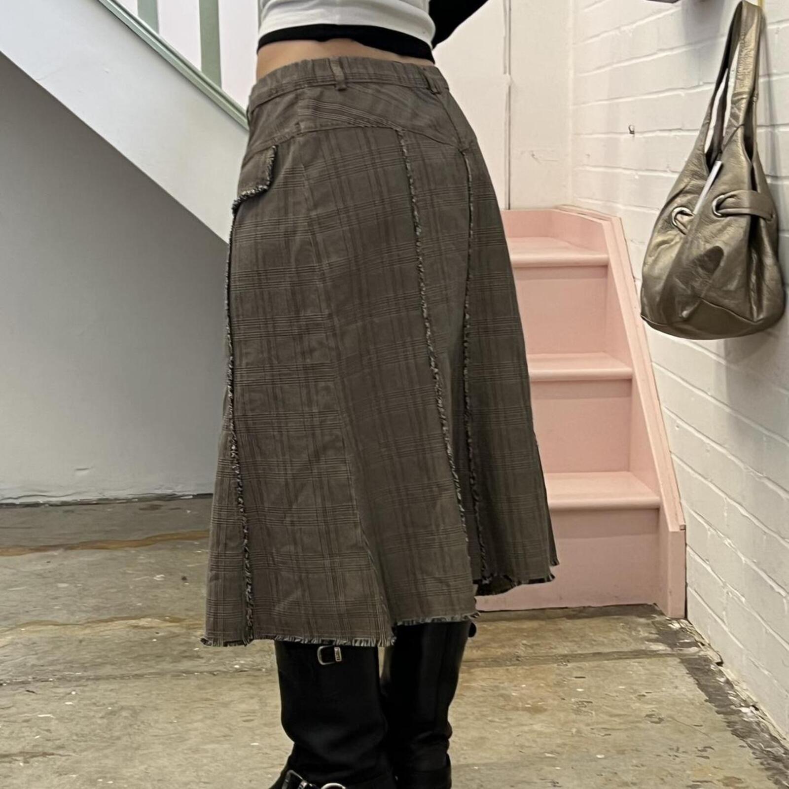 grey brown checkered vintage tailored maxi skirt with distressed hem