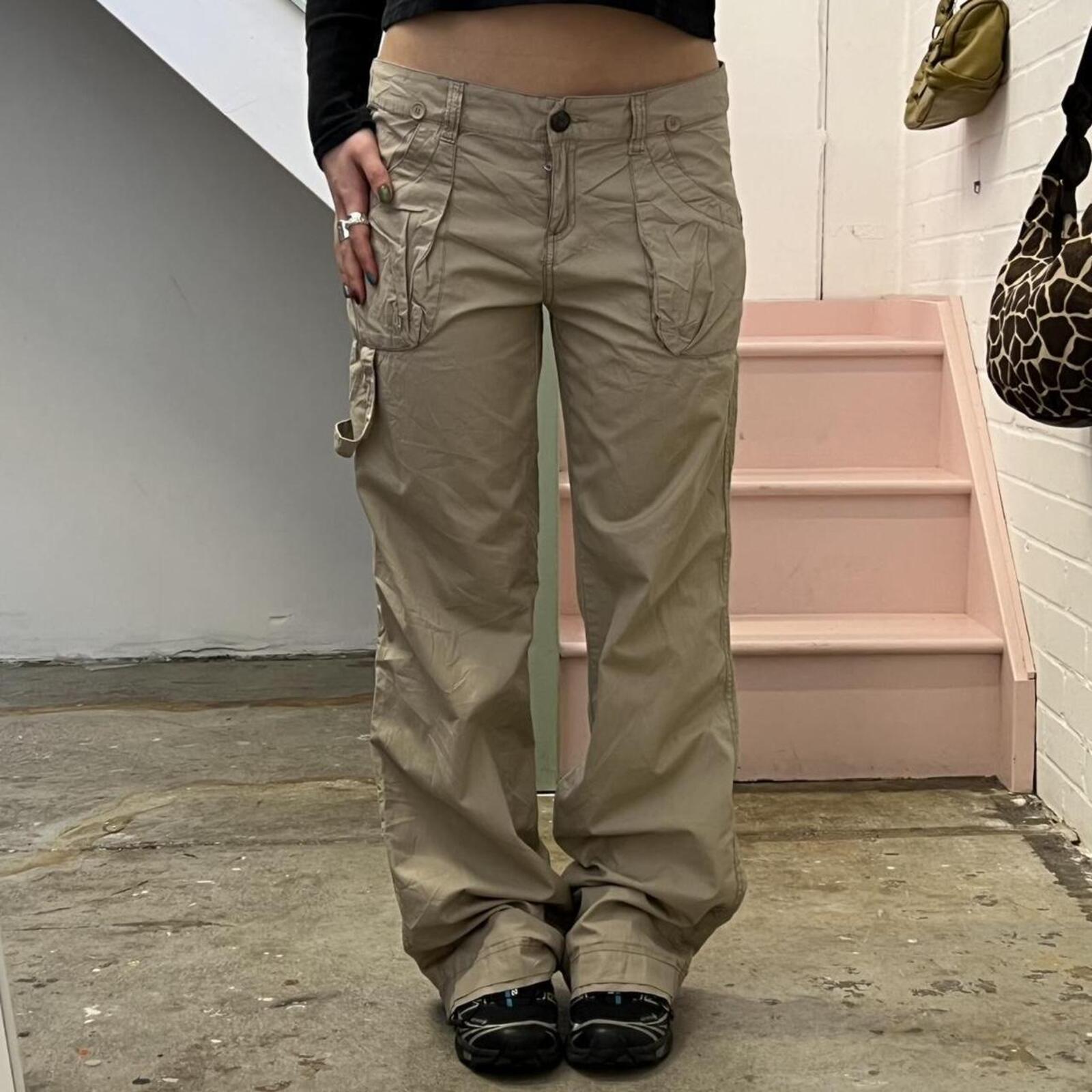 cream low rise wide leg cargo trousers