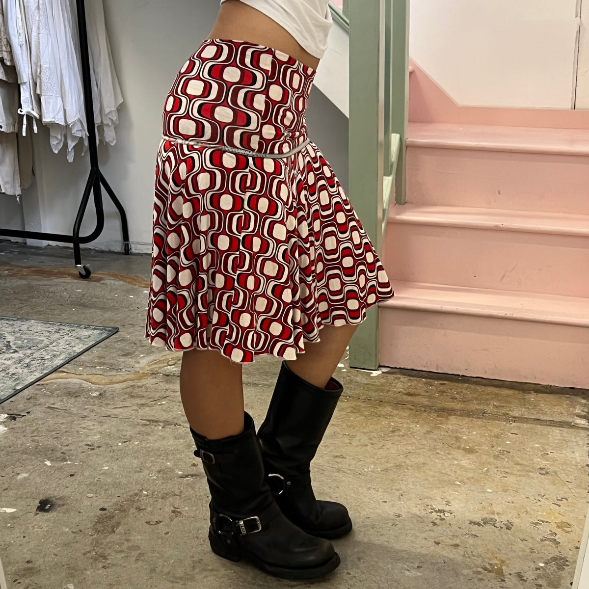 Pimkie red geo print drop waist skirt