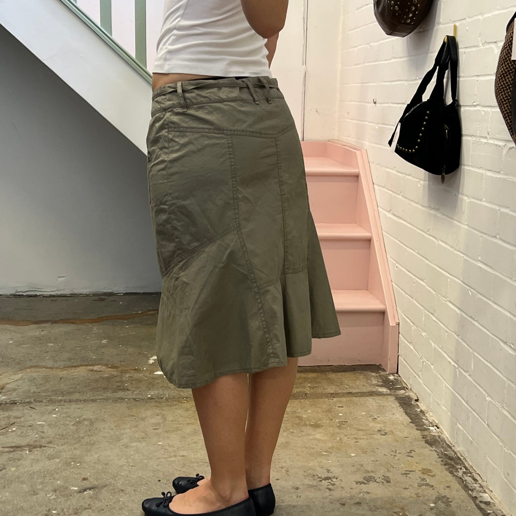 Khaki asymmetrical midi skirt with tie waist