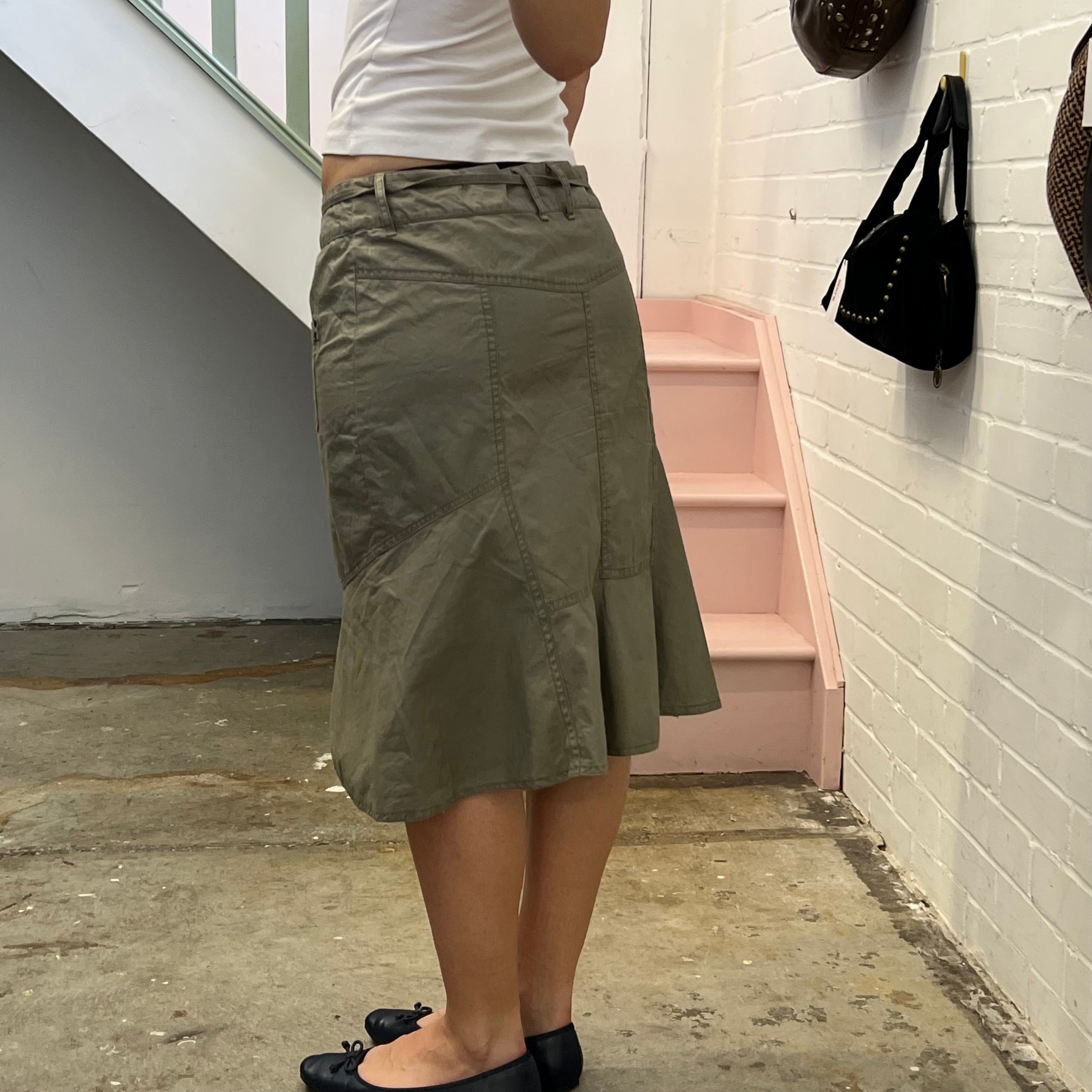 Khaki asymmetrical midi skirt with tie waist
