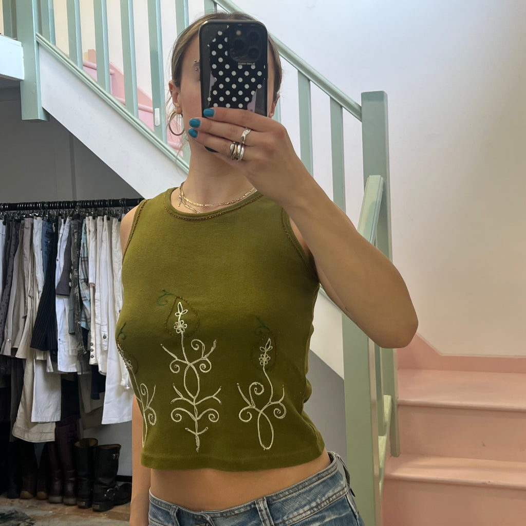 Khaki embroidered vest top